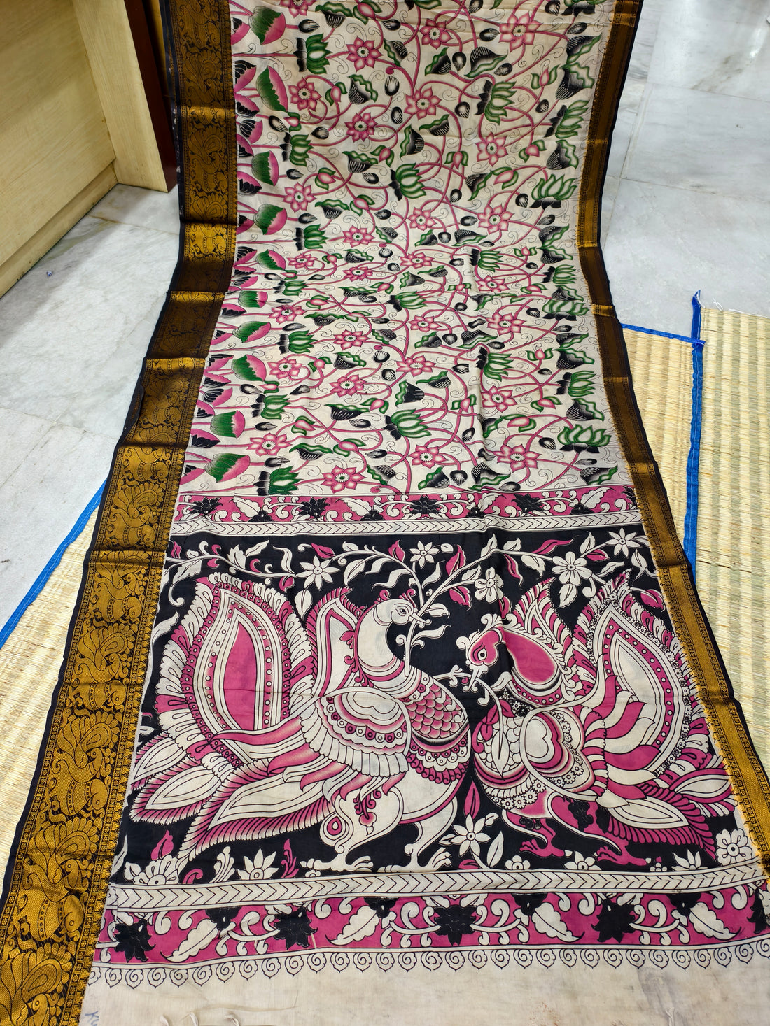 Kalamkari block printed Mangalagiri silk saree