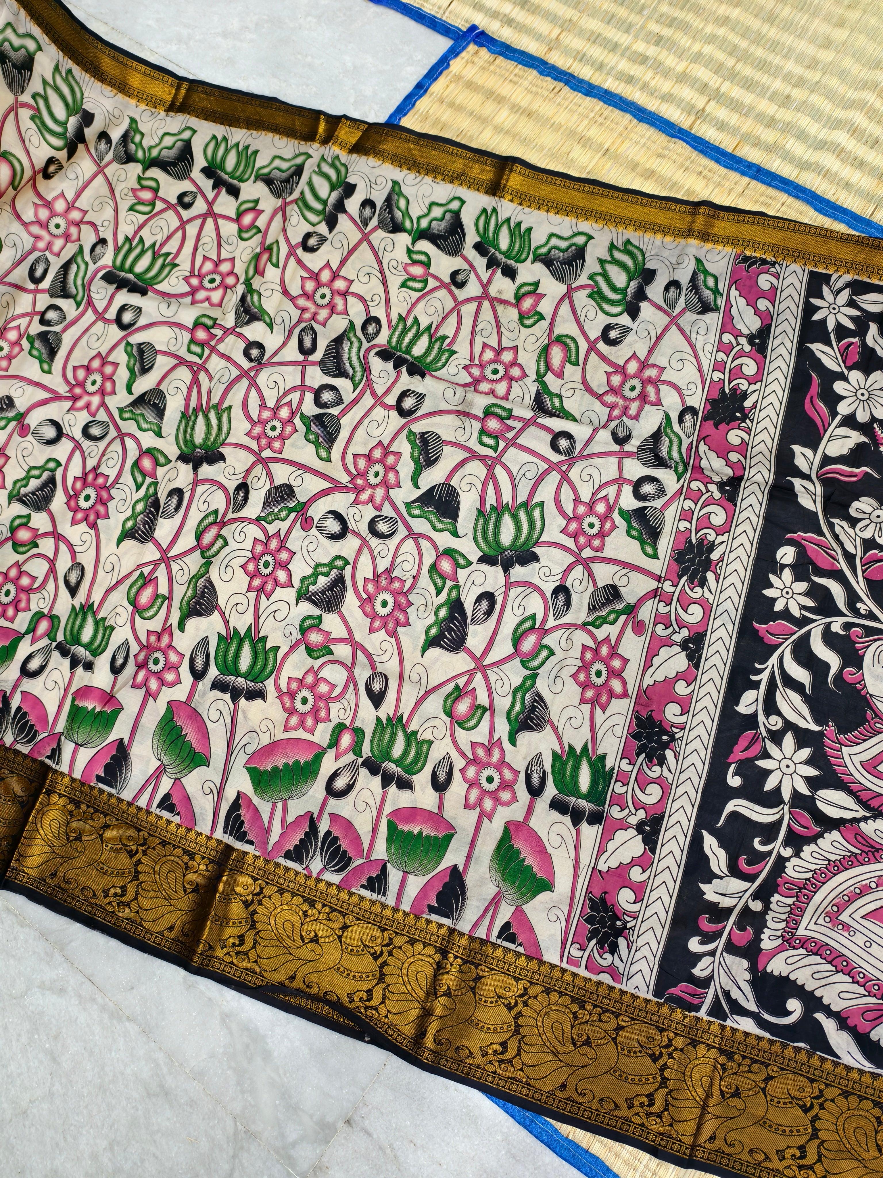 Kalamkari block printed Mangalagiri silk saree