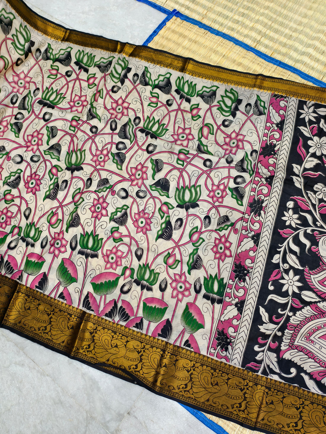 Kalamkari block printed Mangalagiri silk saree