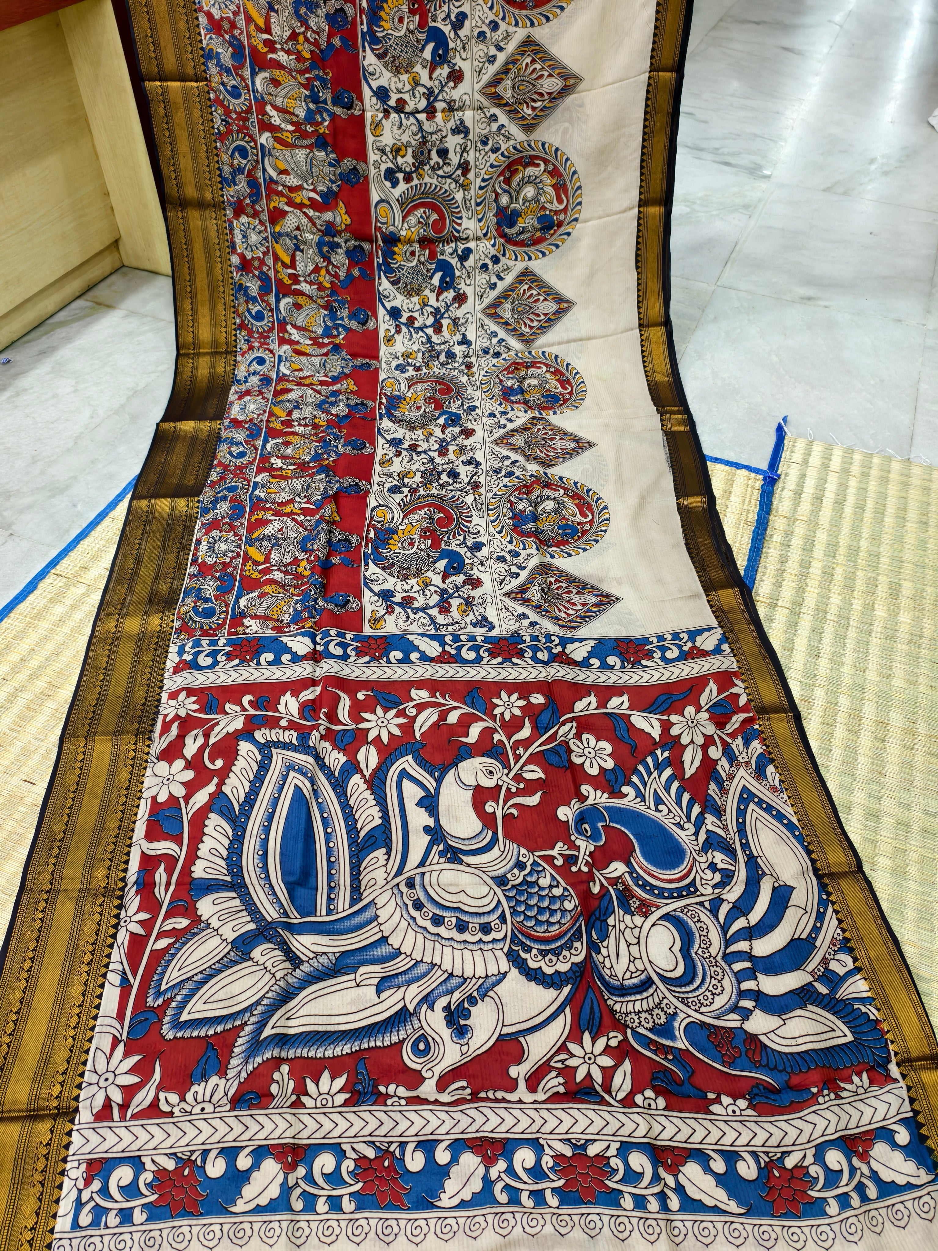 Kalamkari block printed Mangalagiri silk saree