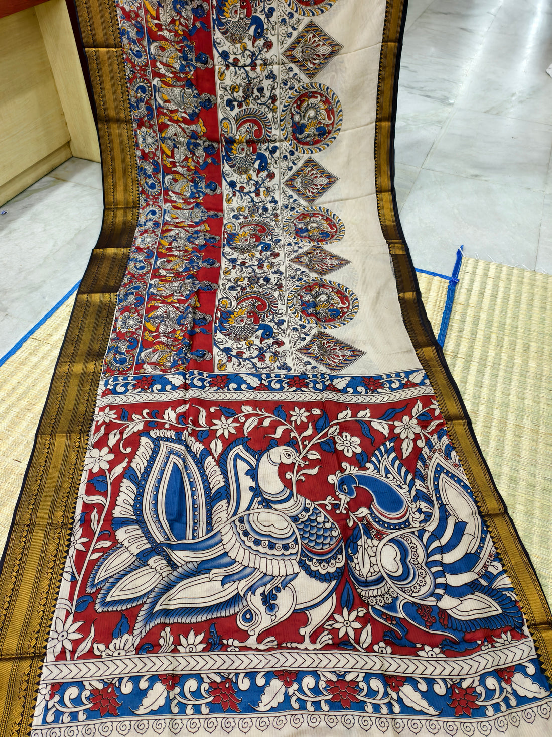 Kalamkari block printed Mangalagiri silk saree