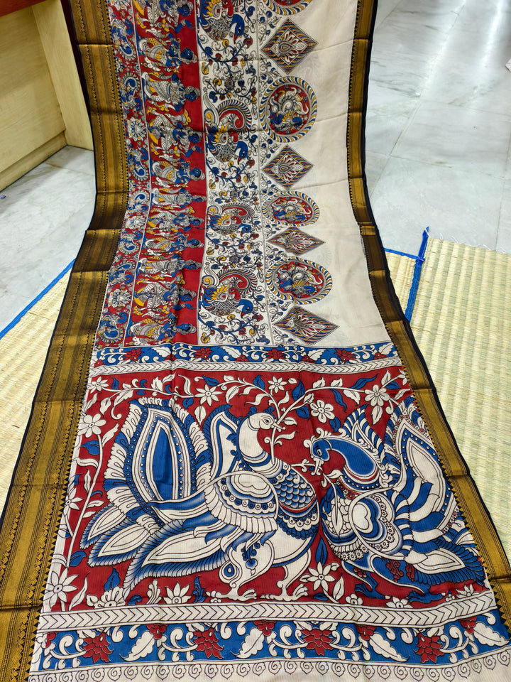 Kalamkari block printed Mangalagiri silk saree