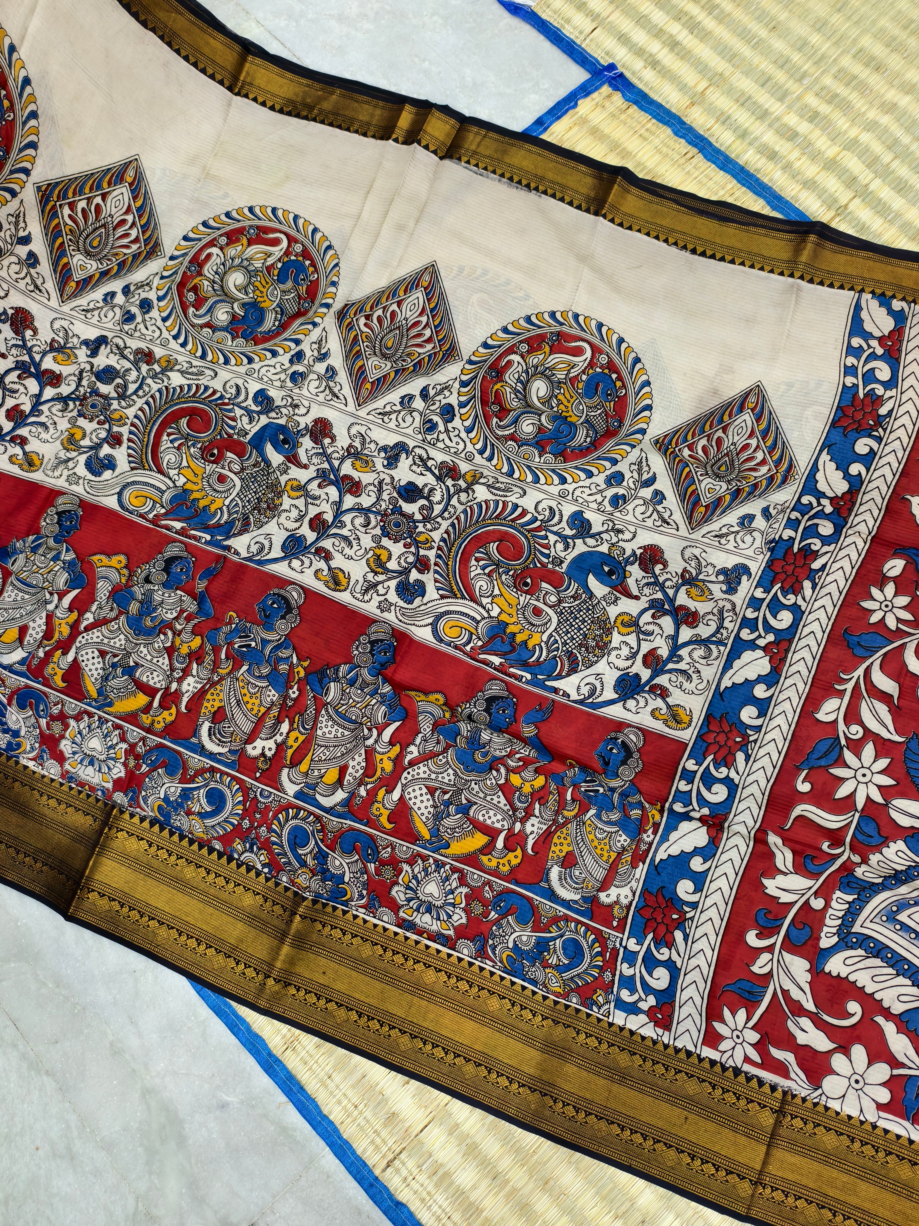 Kalamkari block printed Mangalagiri silk saree