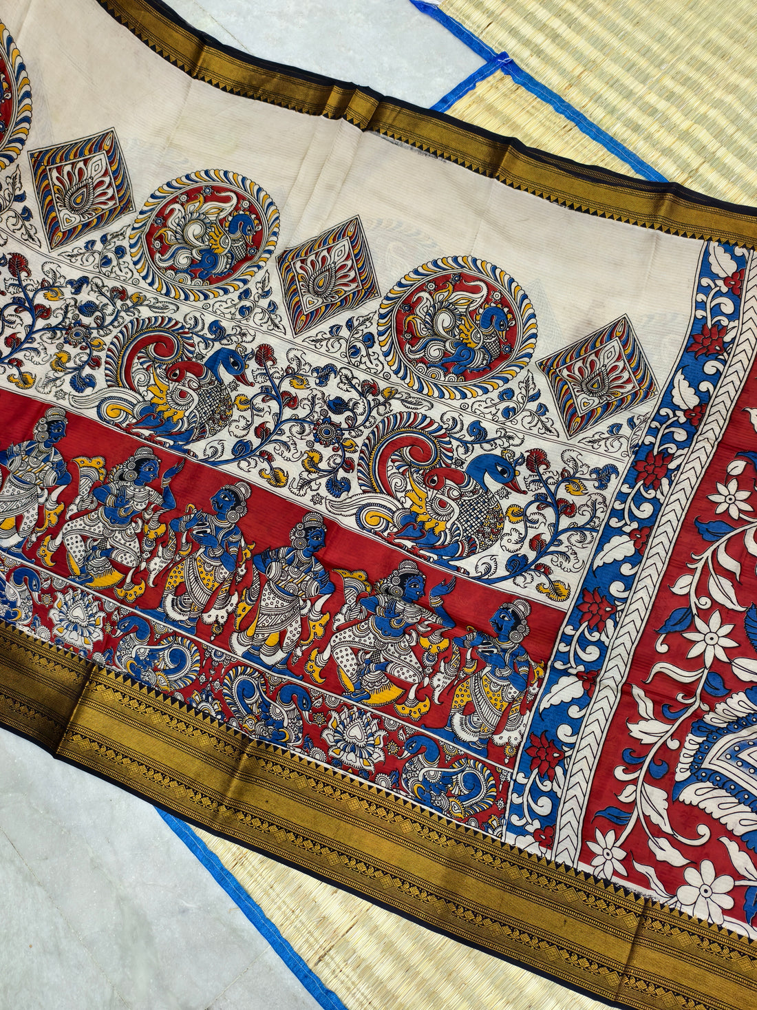 Kalamkari block printed Mangalagiri silk saree