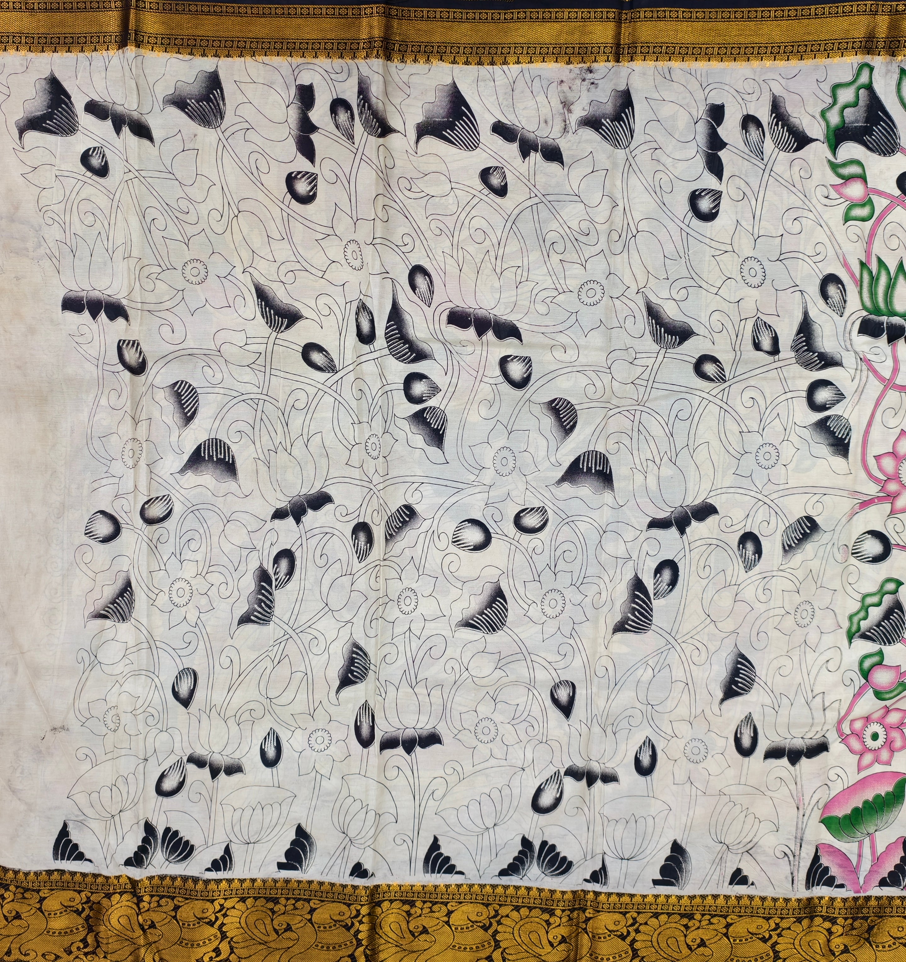 Kalamkari block printed Mangalagiri silk saree