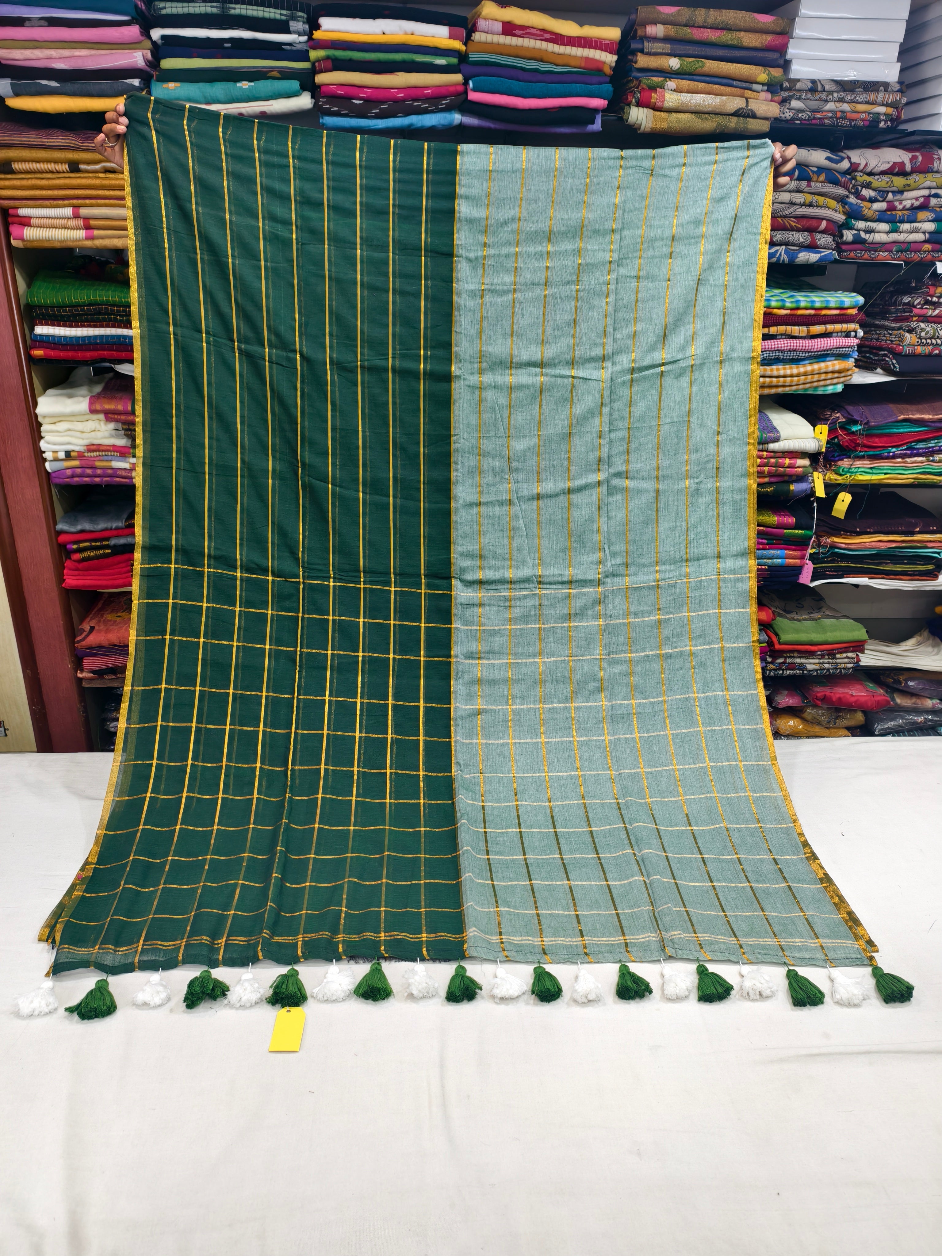 Mul cotton zari stripes half and half saree