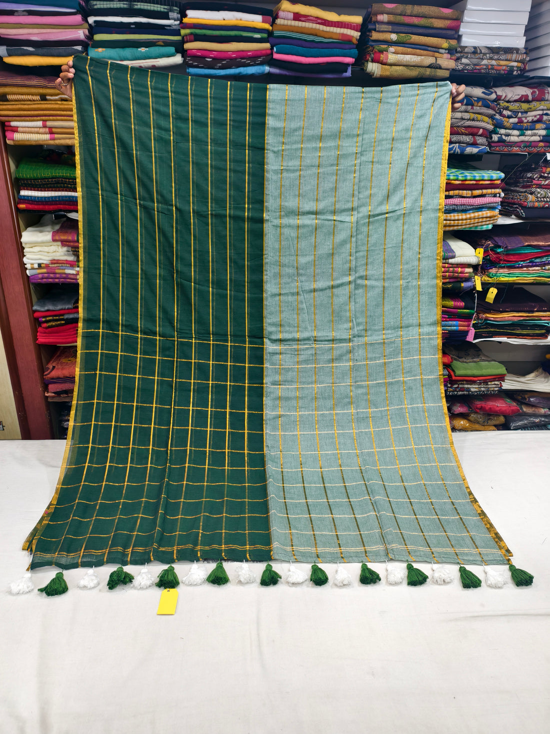 Mul cotton zari stripes half and half saree