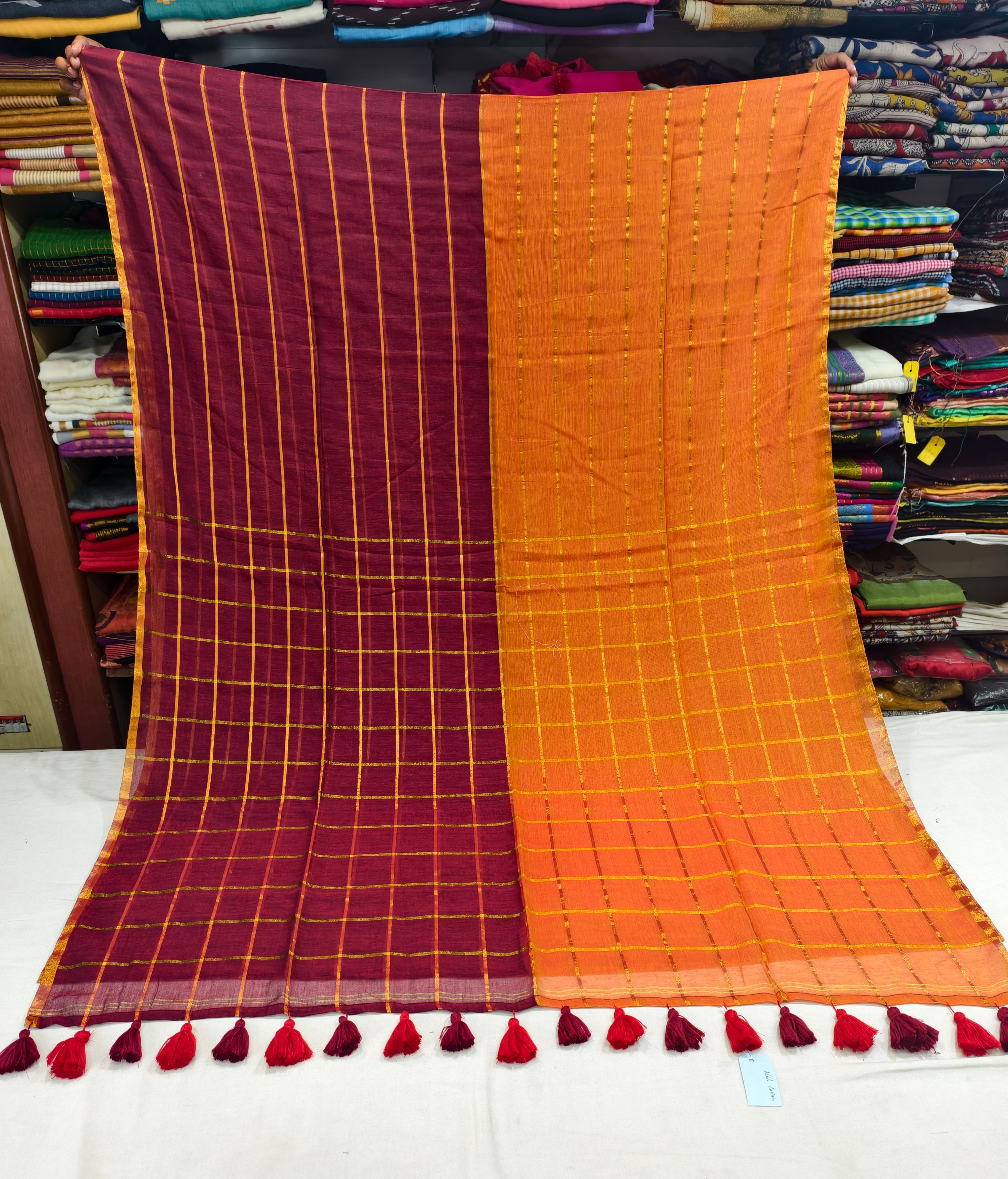 Mul cotton zari stripes half and half saree