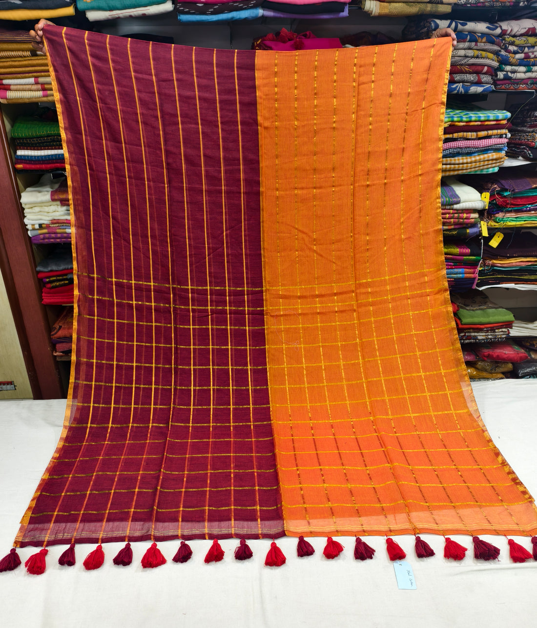Mul cotton zari stripes half and half saree