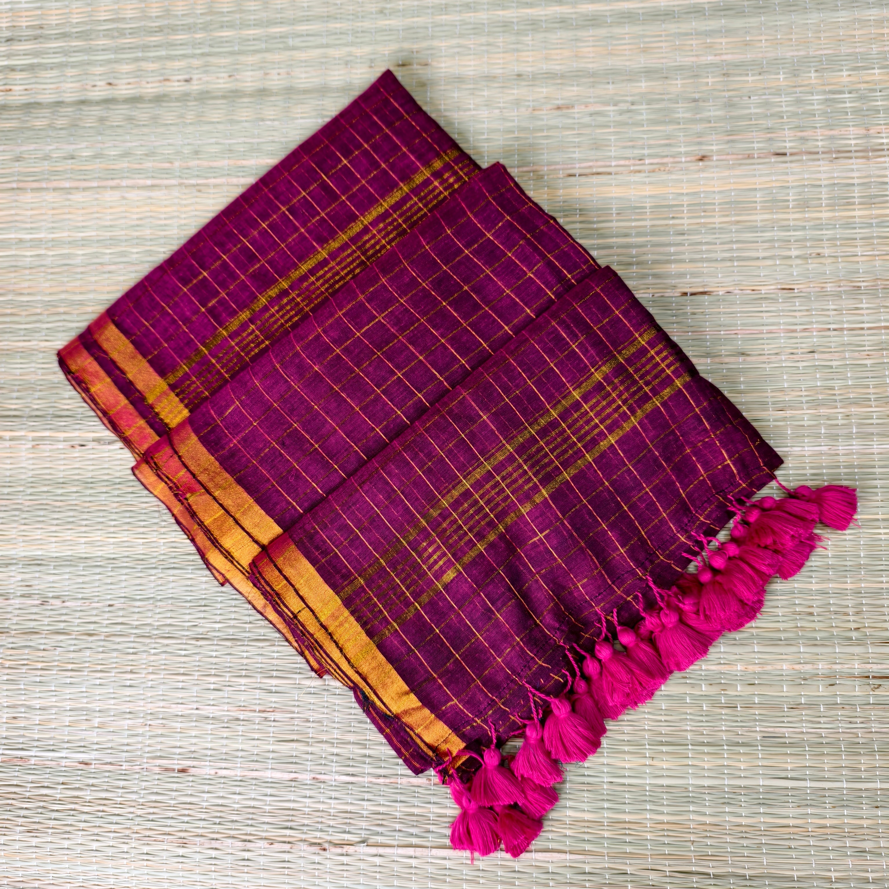 Premium mul cotton zari check saree