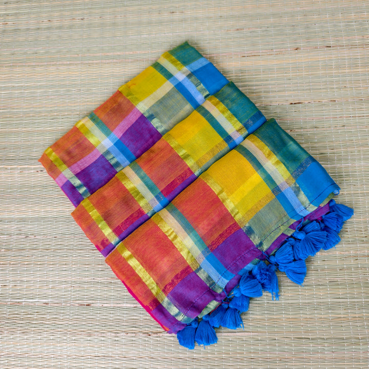 Premium mul cotton multi colour check saree