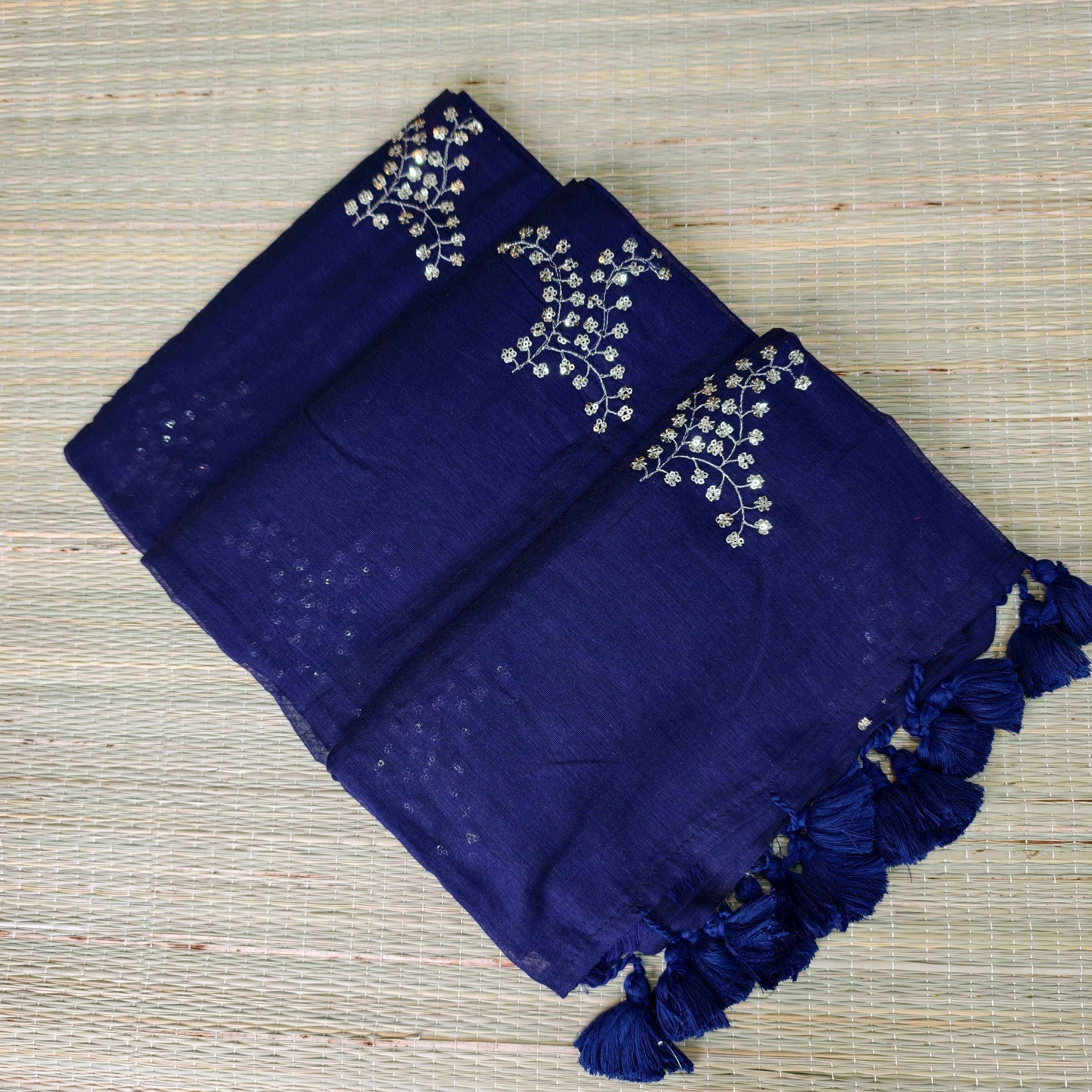 Premium mul cotton saree with sequence embroidery
