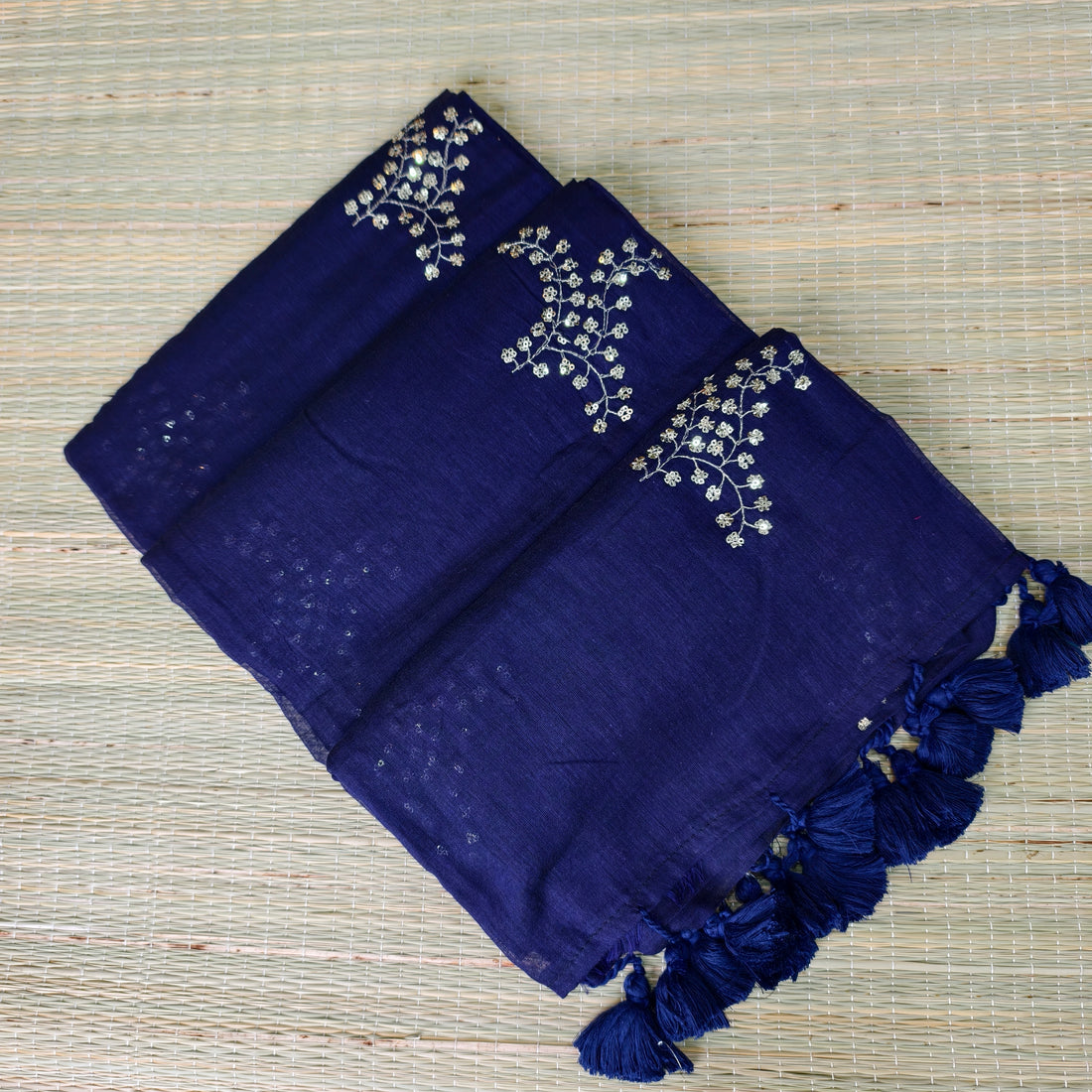 Premium mul cotton saree with sequence embroidery