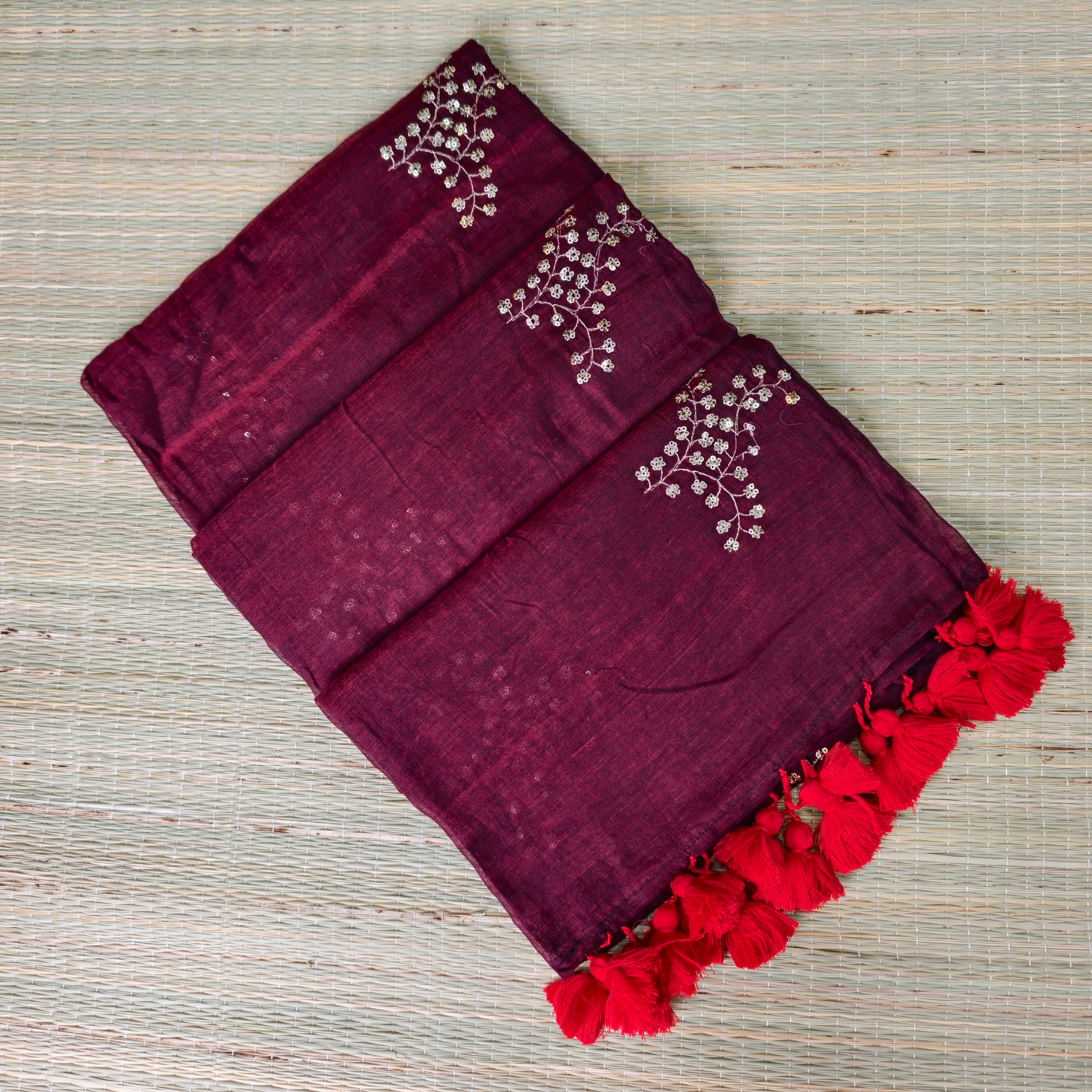 Premium mul cotton saree with sequence embroidery
