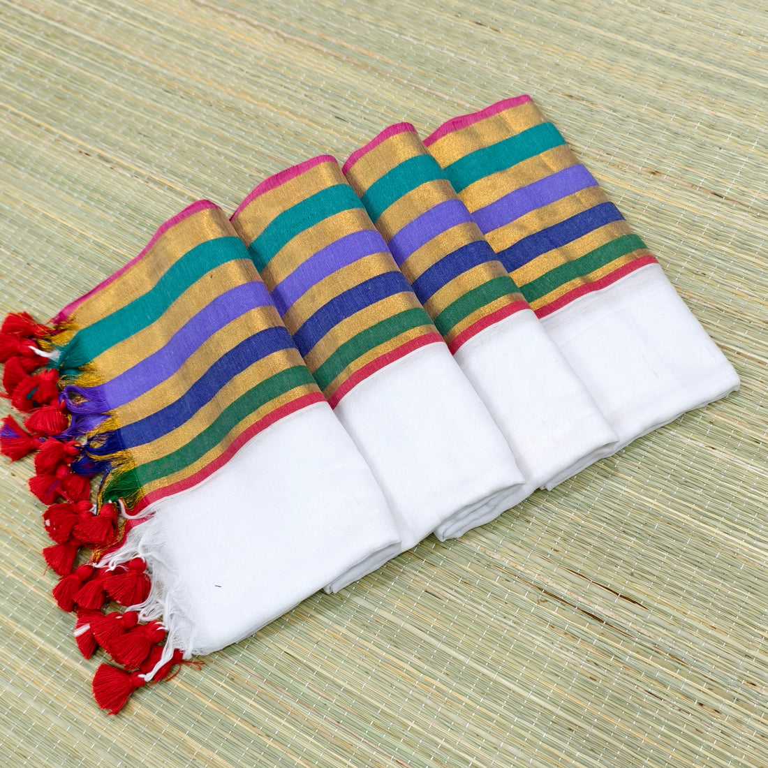 Mul cotton saree with Multicolour & zari stipe border