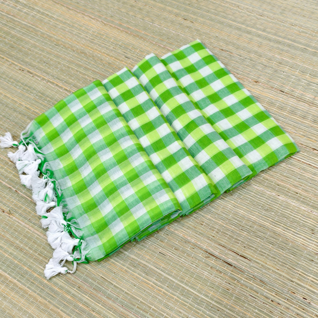 Premium mul cotton light green and white check saree