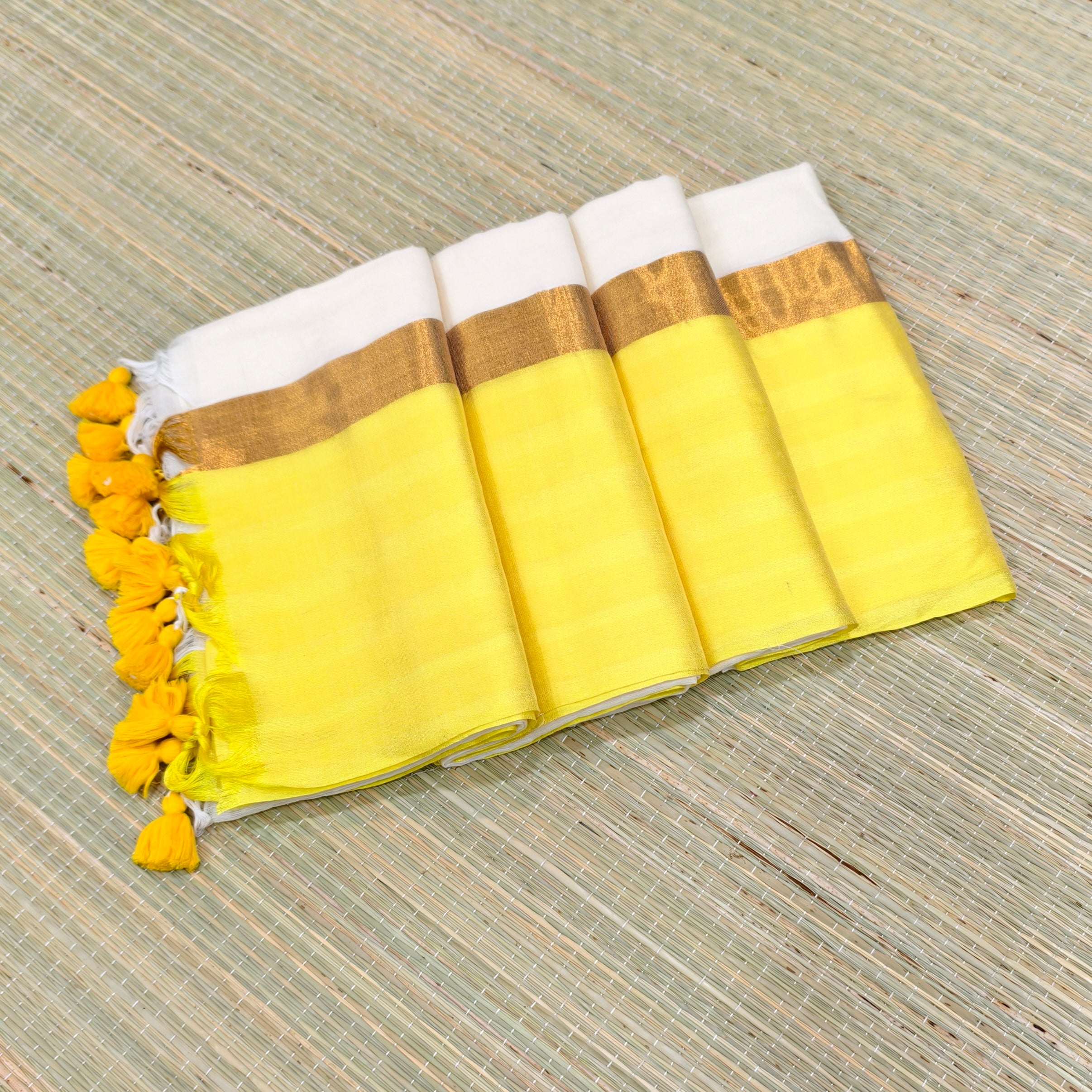 Premium mul cotton saree with big yellow border