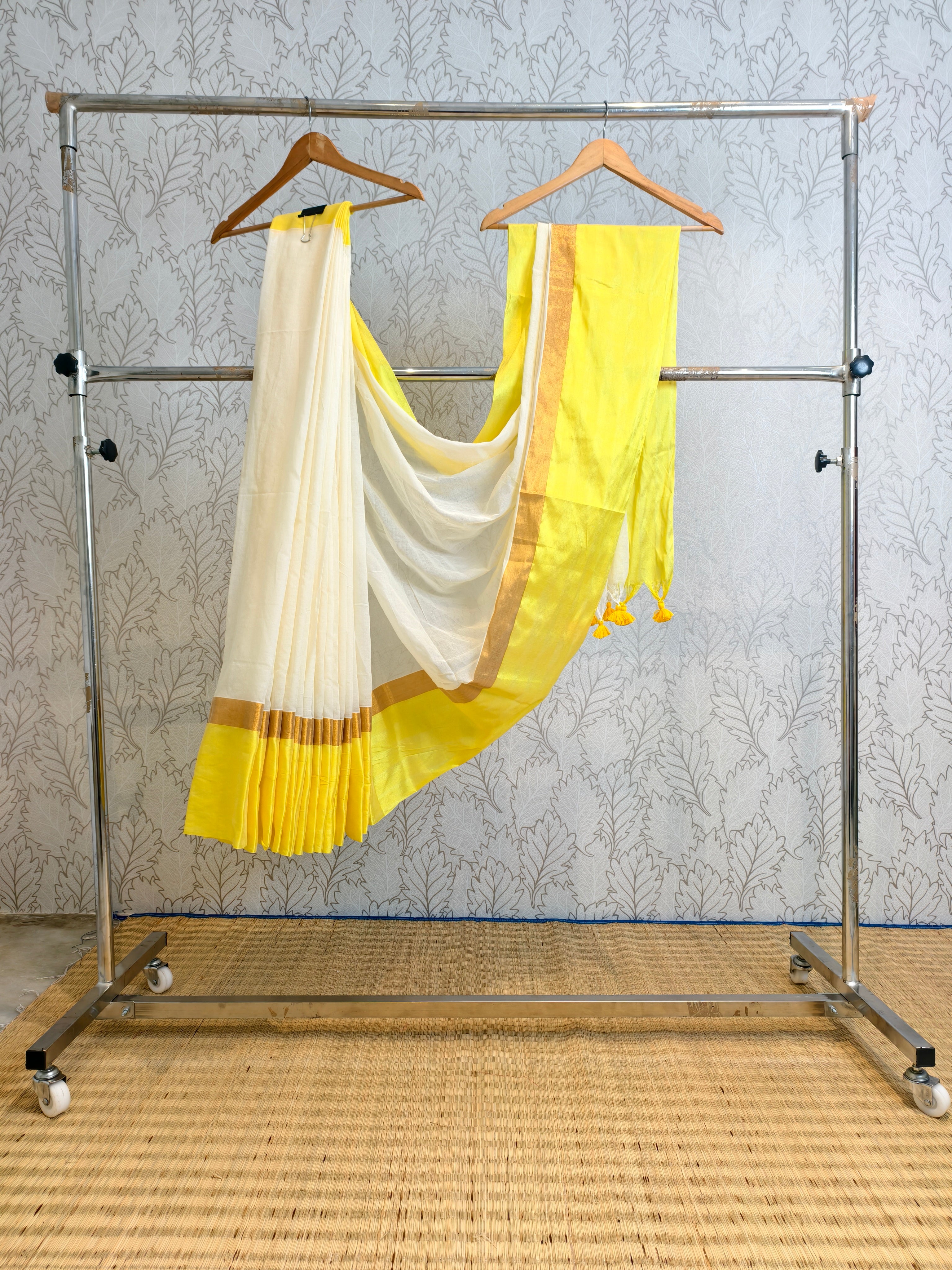 Premium mul cotton saree with big yellow border