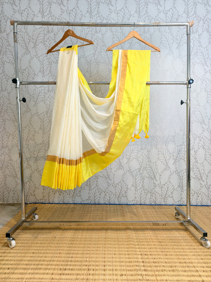 Premium mul cotton saree with big yellow border