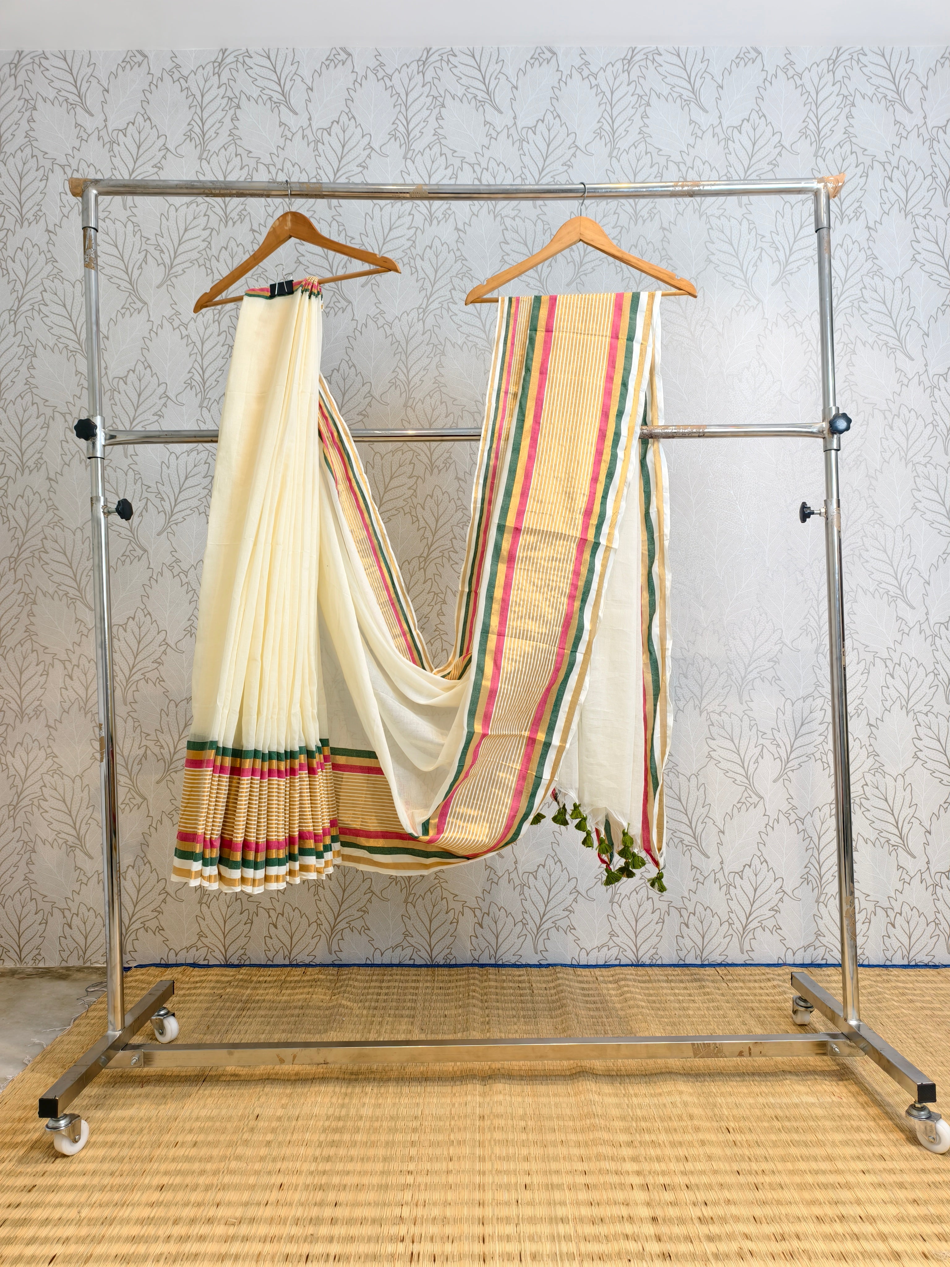 Mul cotton saree with stripe zari border