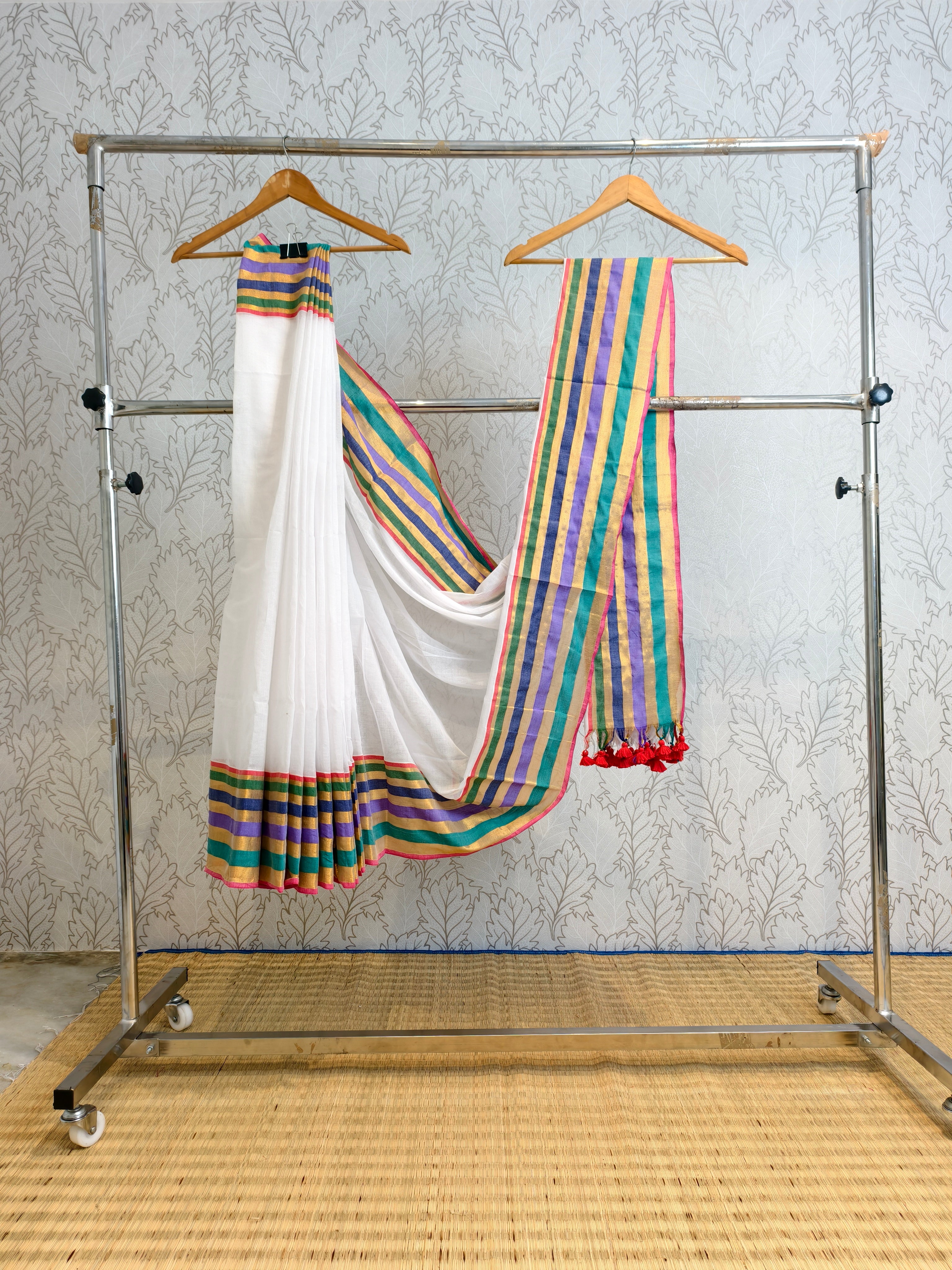 Mul cotton saree with Multicolour & zari stipe border