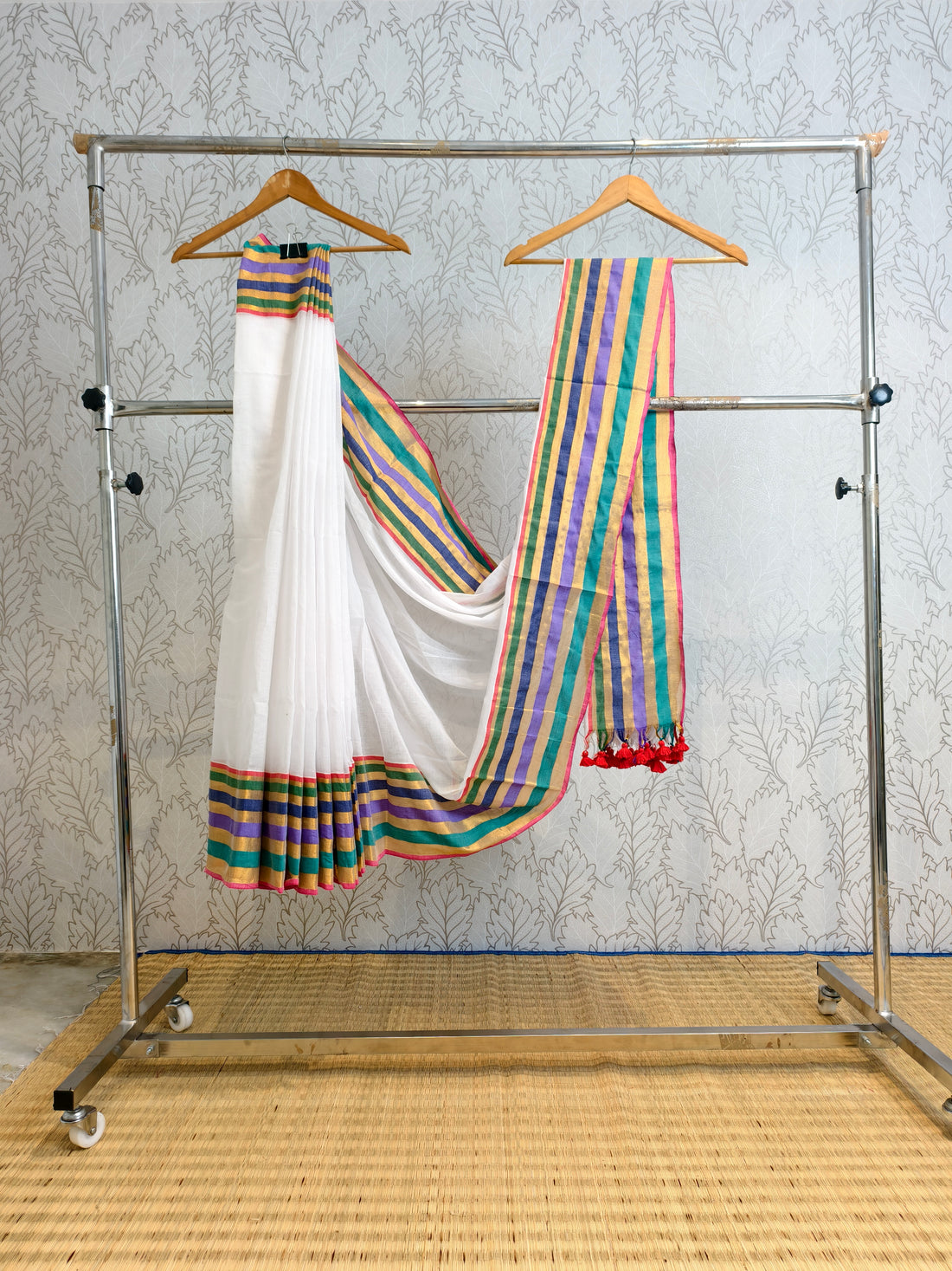 Mul cotton saree with Multicolour & zari stipe border