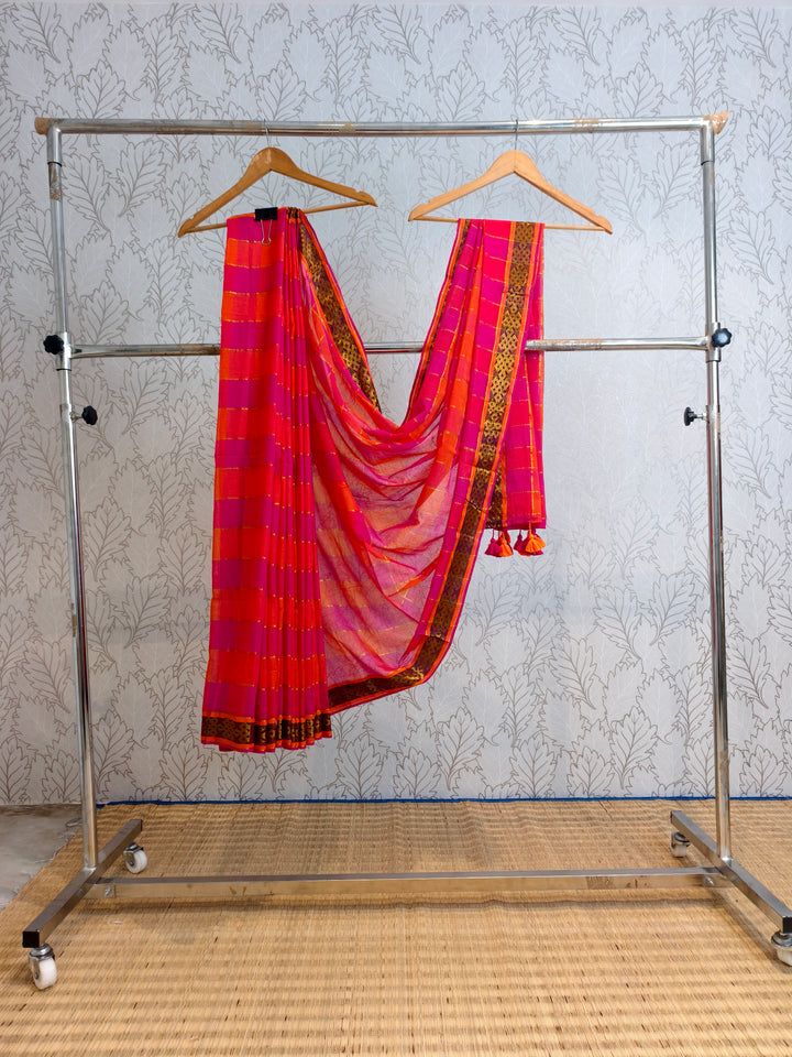 Premium mul cotton zari check multi colour saree with kanchi border