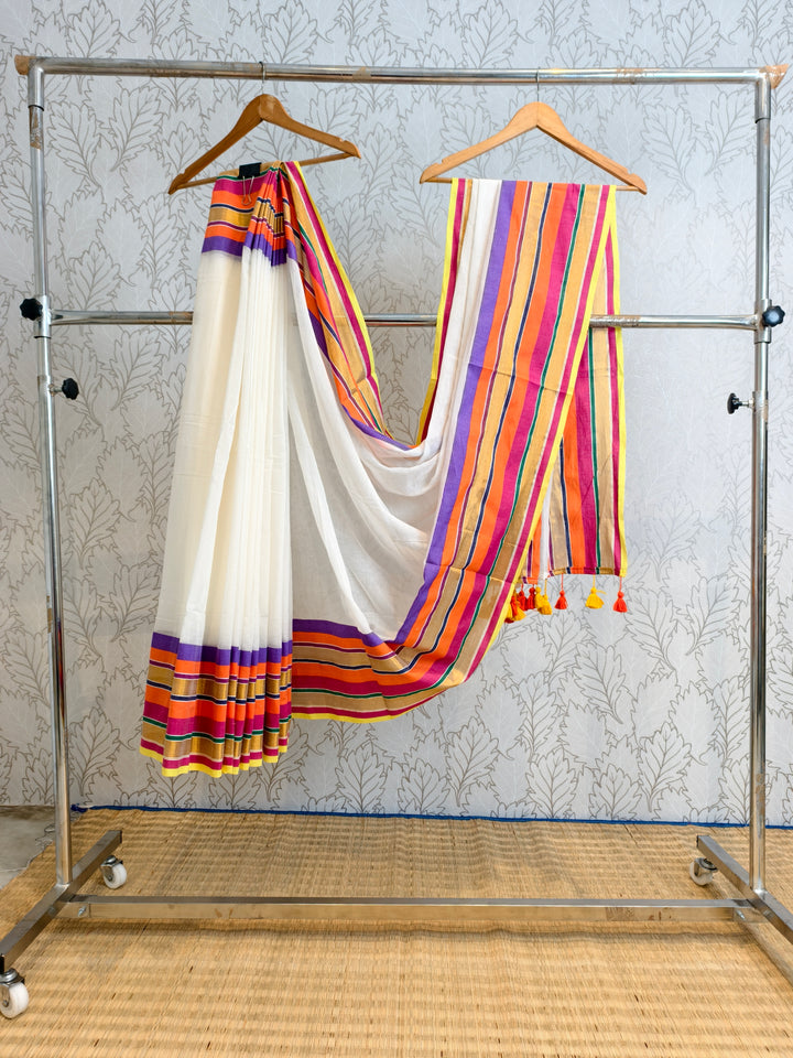 Premium mul cotton saree with multicolor border