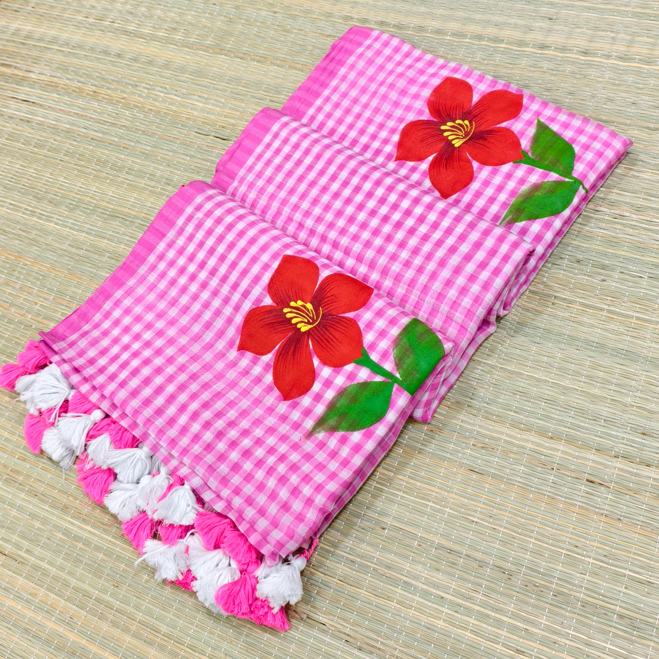 Premium mul cotton check saree with hand paint