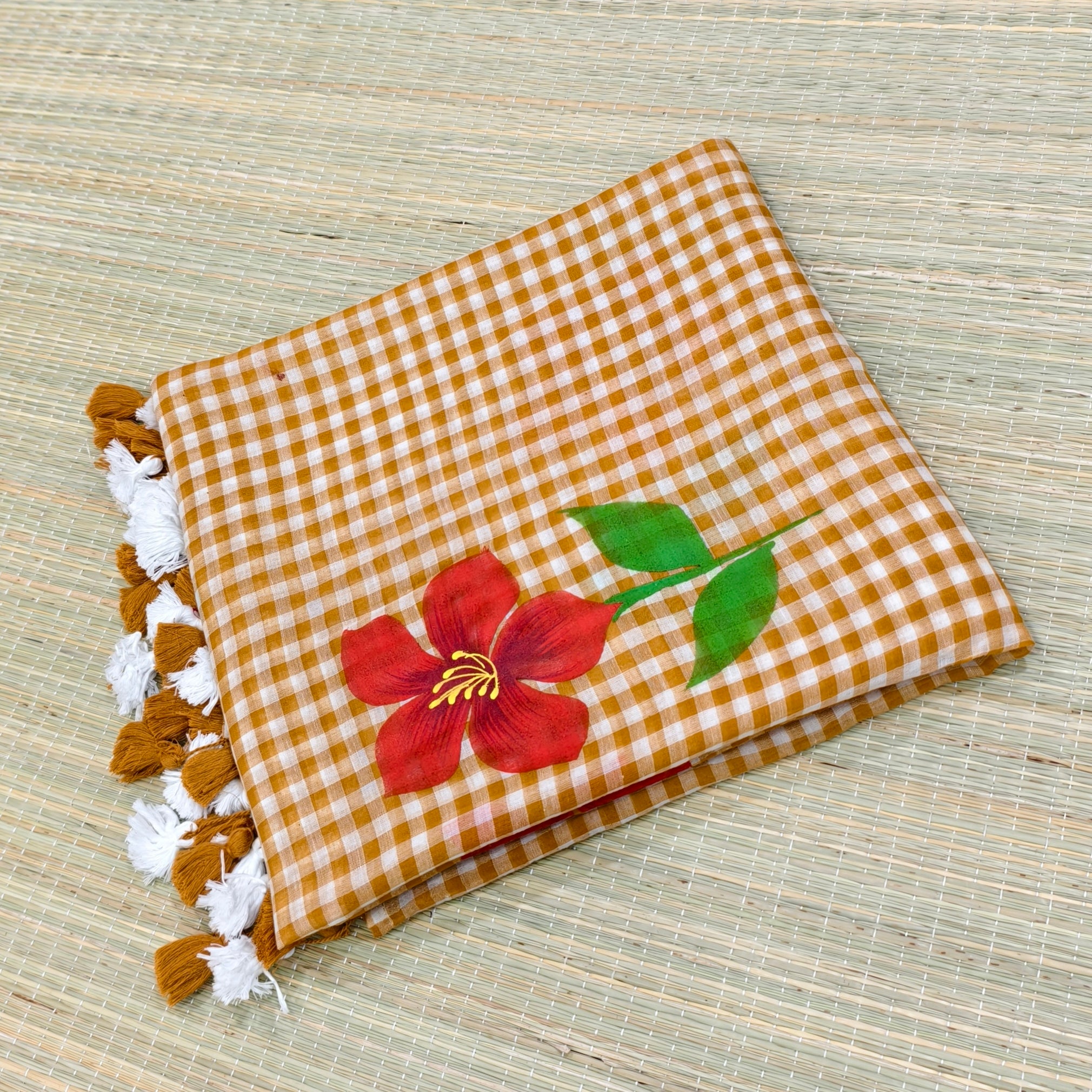 Premium mul cotton check saree with hand paint