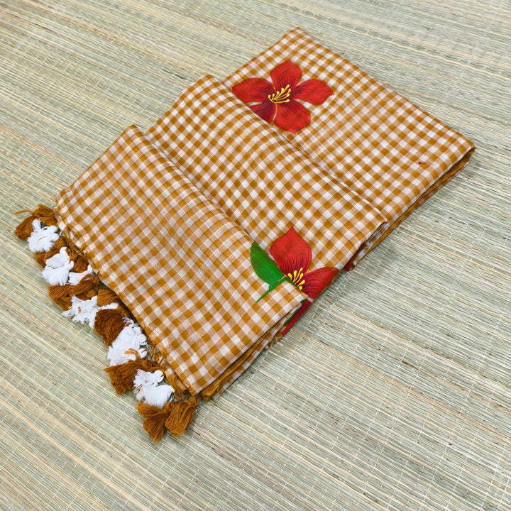Premium mul cotton check saree with hand paint