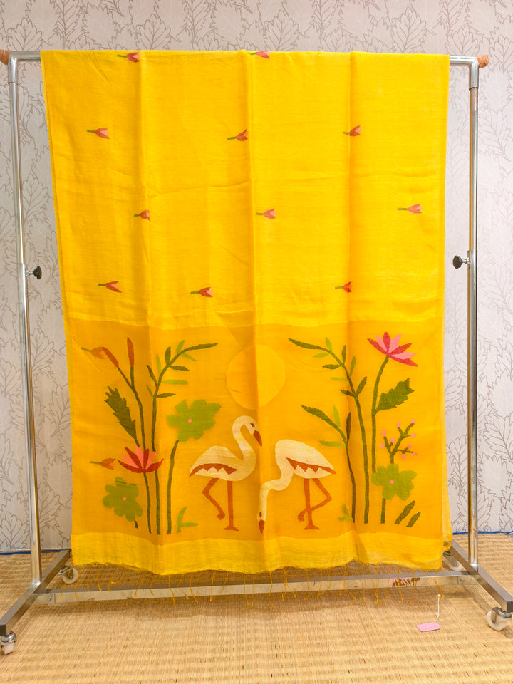 Linen silk saree with jamdani weaving on muslin pallu