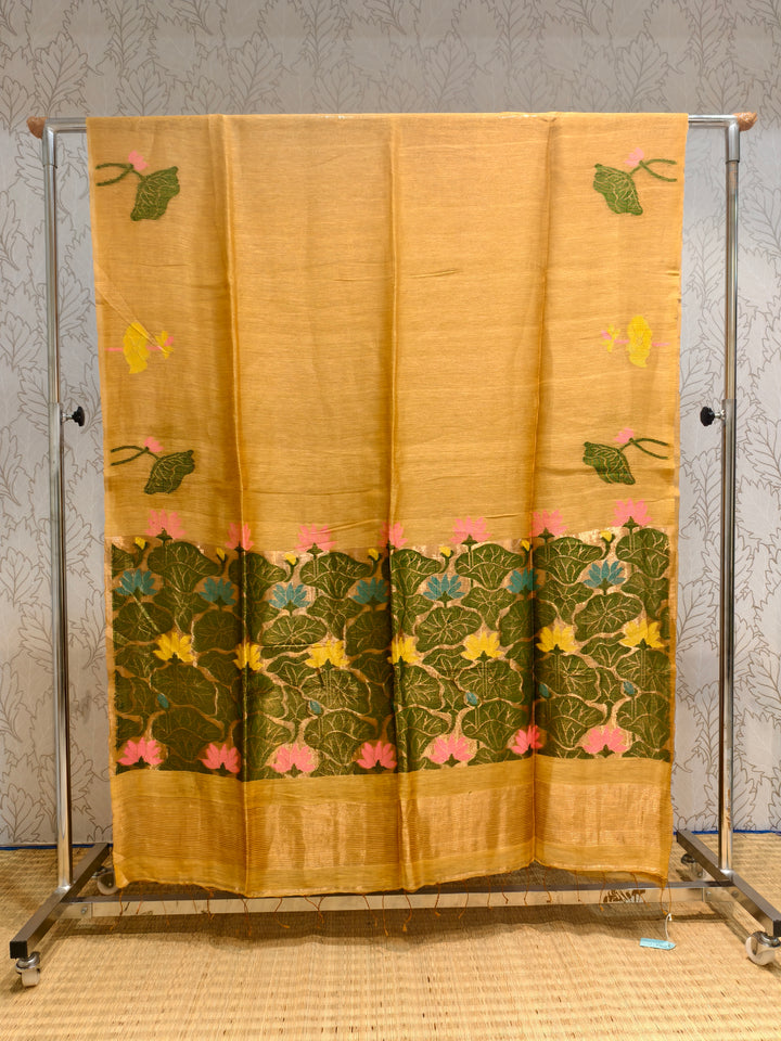 Linen silk saree with jamdani weaving