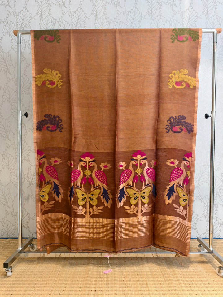 Linen silk saree with jamdani weaving on muslin pallu