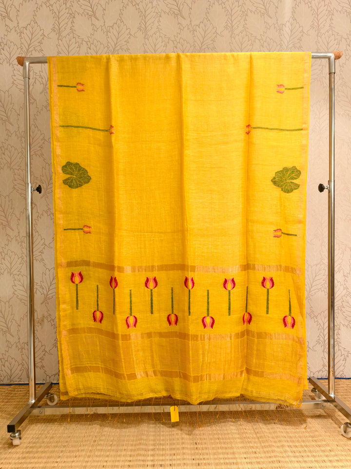 Linen silk saree with jamdani weaving