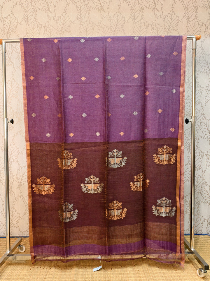Linen silk saree with muslin pallu