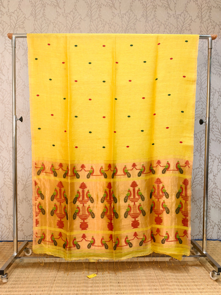 Linen silk saree with jamdani weaving on zari pallu