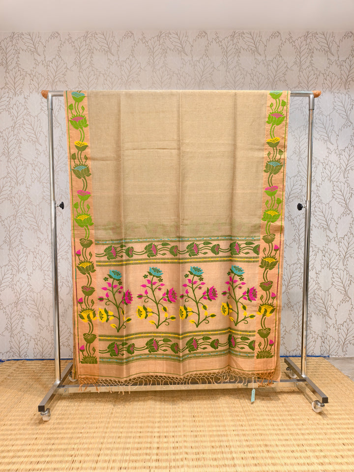 Linen silk saree with jamdani weaving on zari pallu