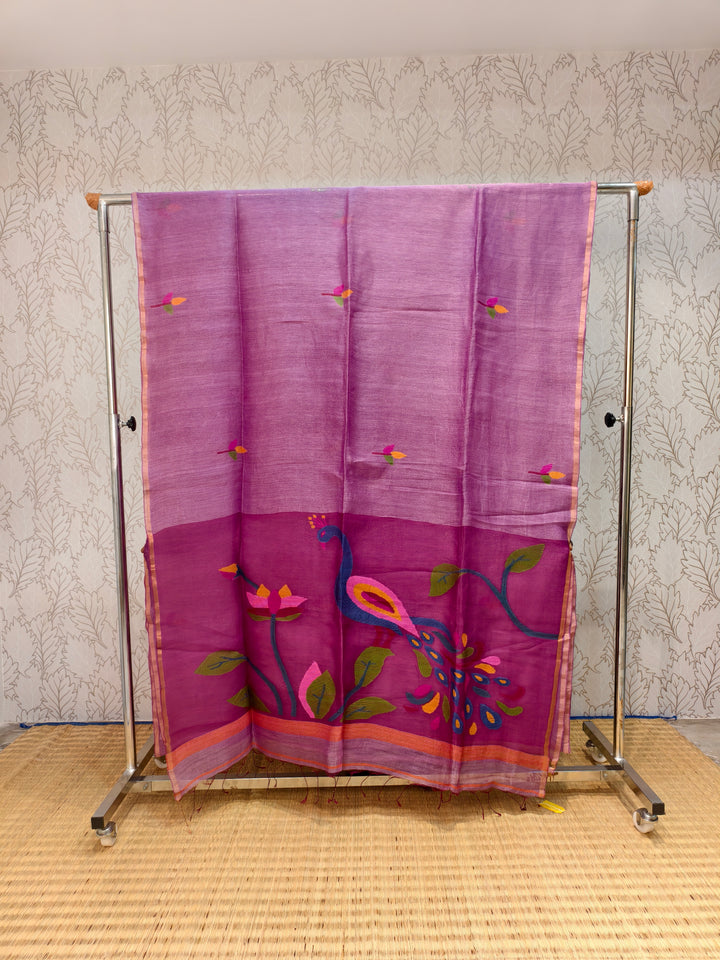 Linen silk saree with jamdani weaving on muslin pallu