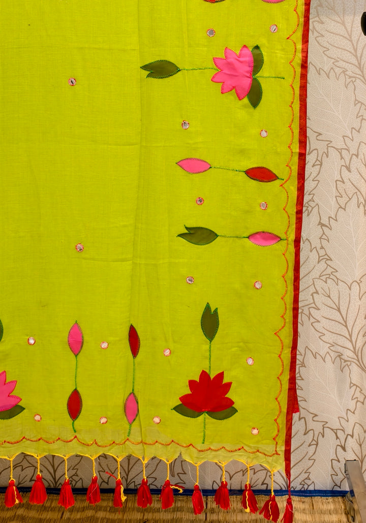 Premium applique work mul cotton saree with out blouse