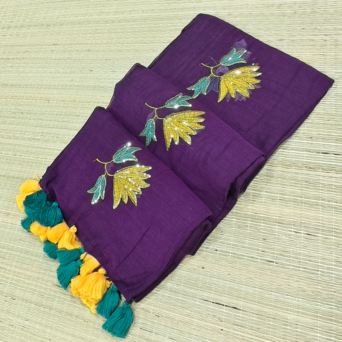 Premium flower sequence embroidery mul cotton saree