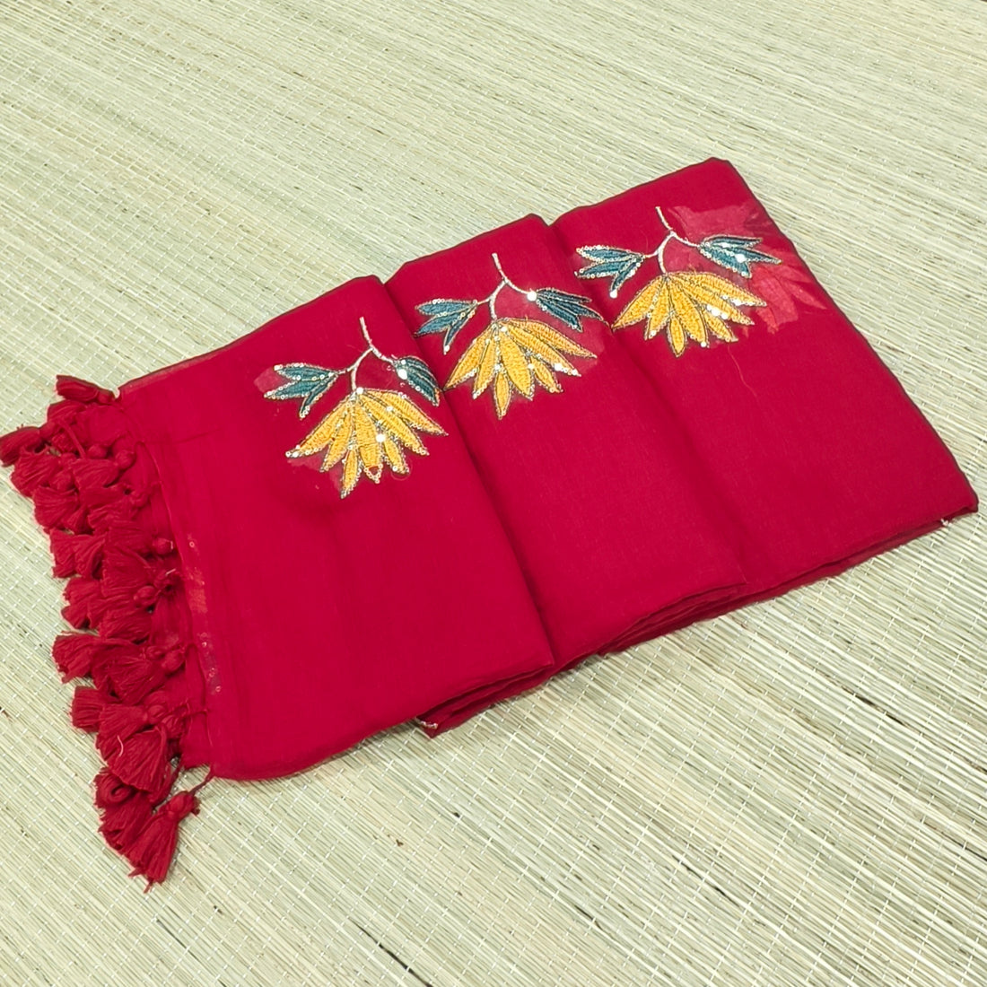 Premium flower sequence embroidery mul cotton saree