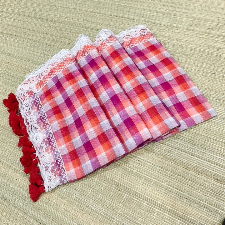 Mul cotton check saree with lace work