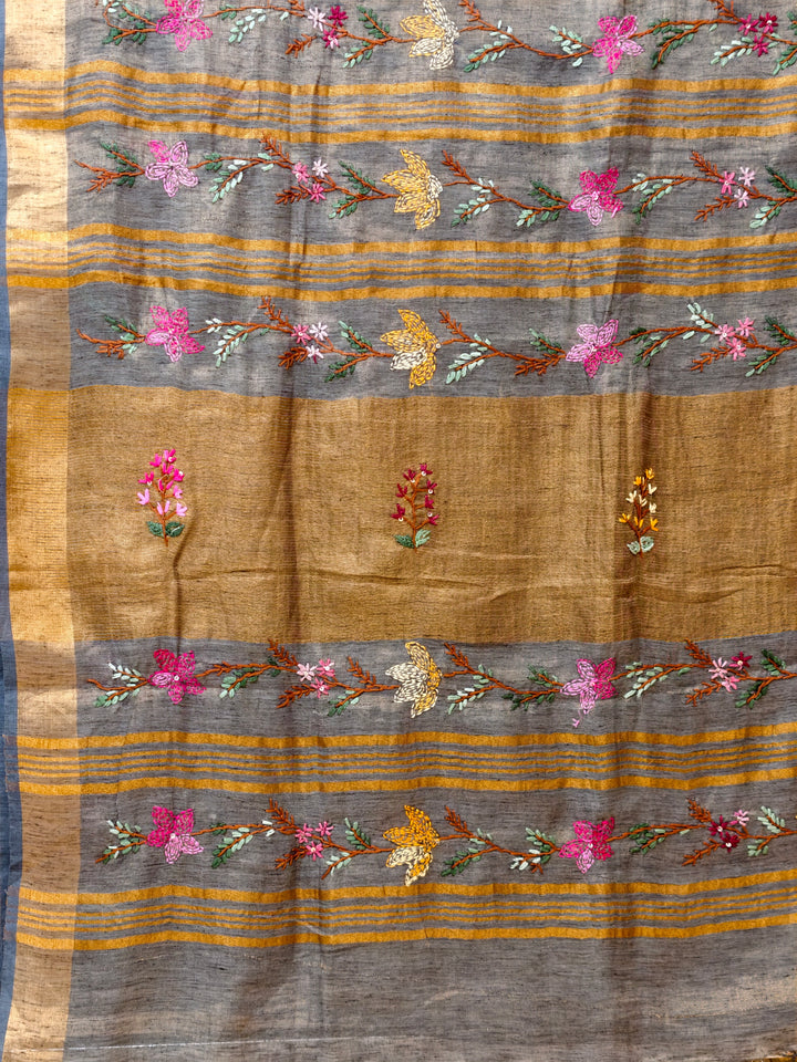 Linen tissue saree with bullion knot embroidery BN6
