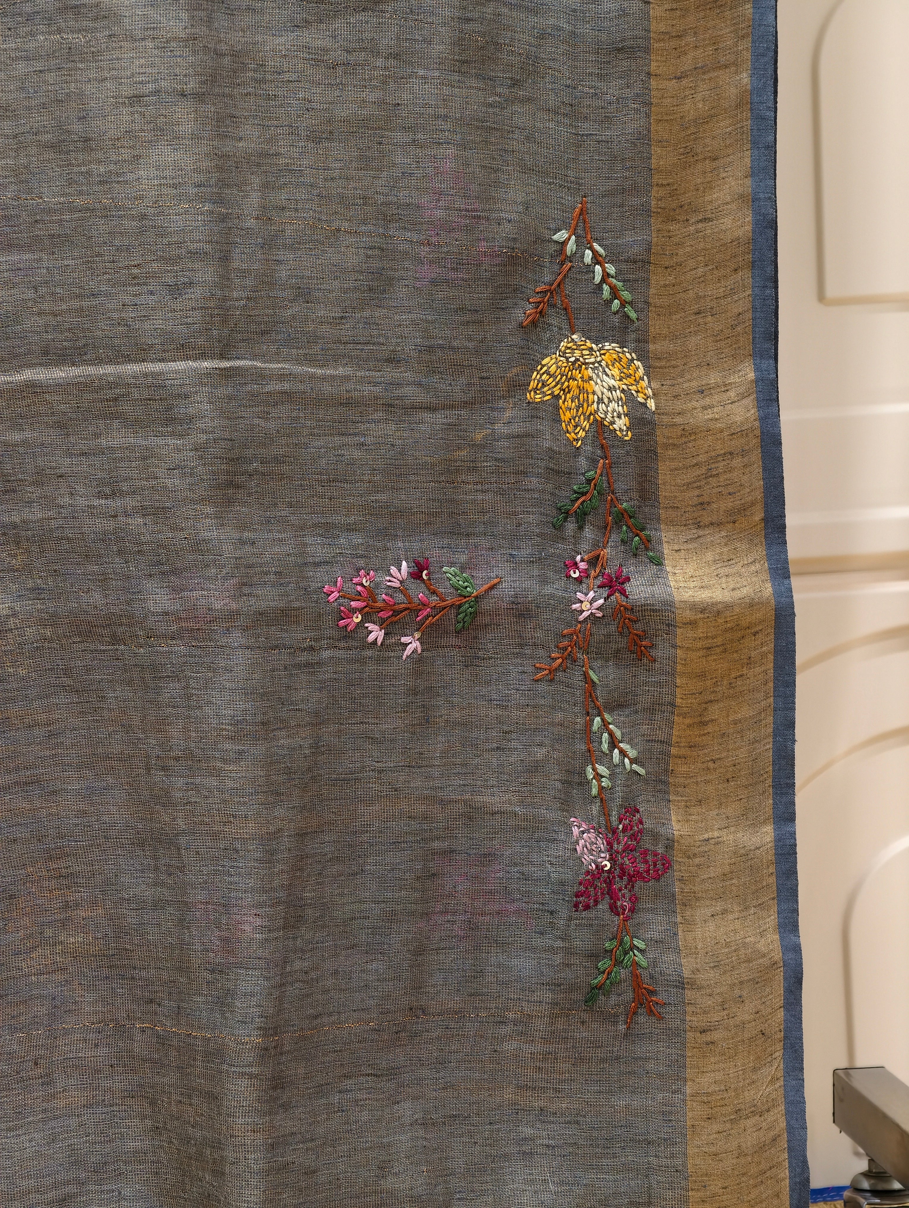 Linen tissue saree with bullion knot embroidery BN6