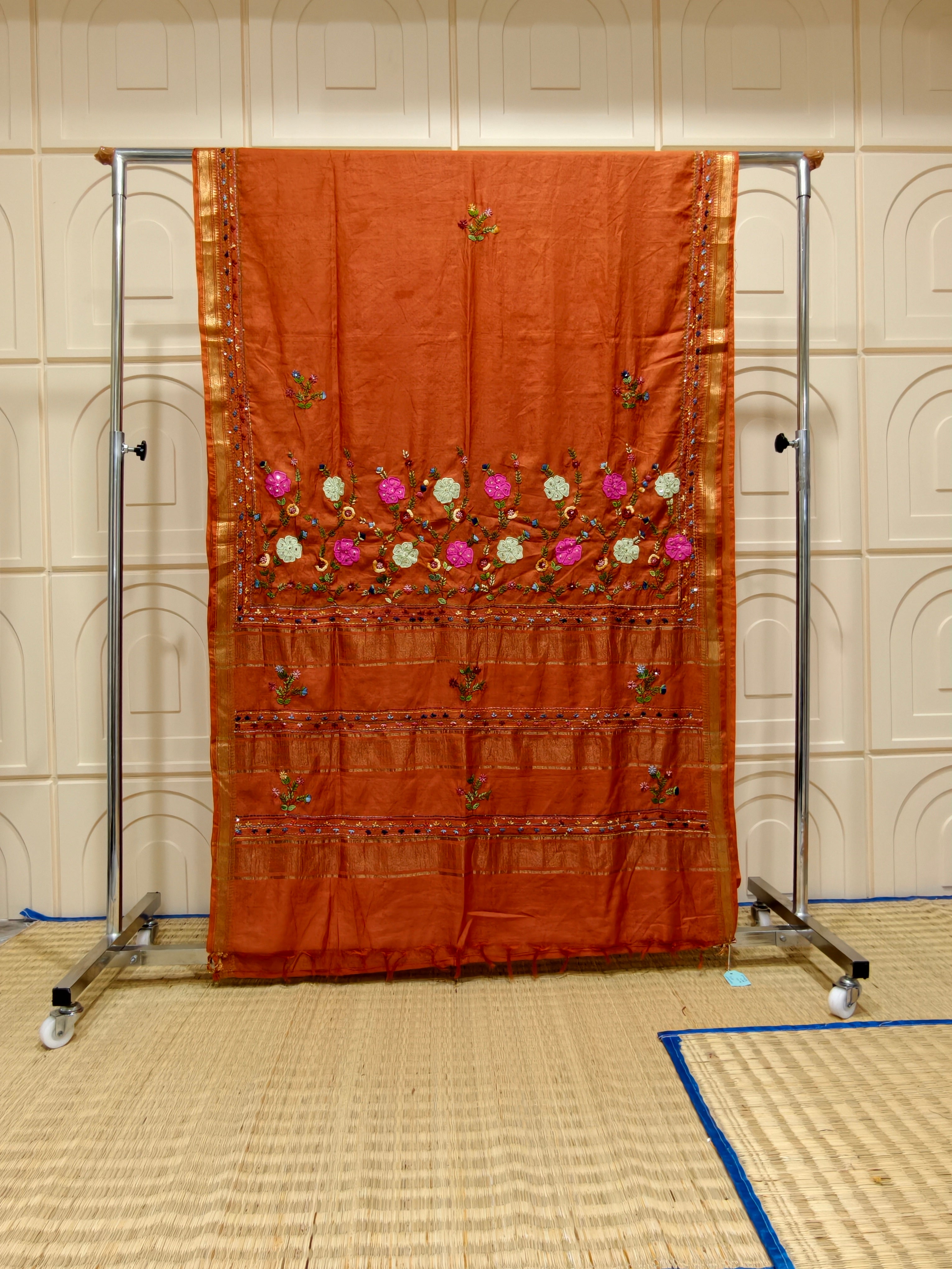 Chanderi silk saree with aplique bullion knot embroidery BN4