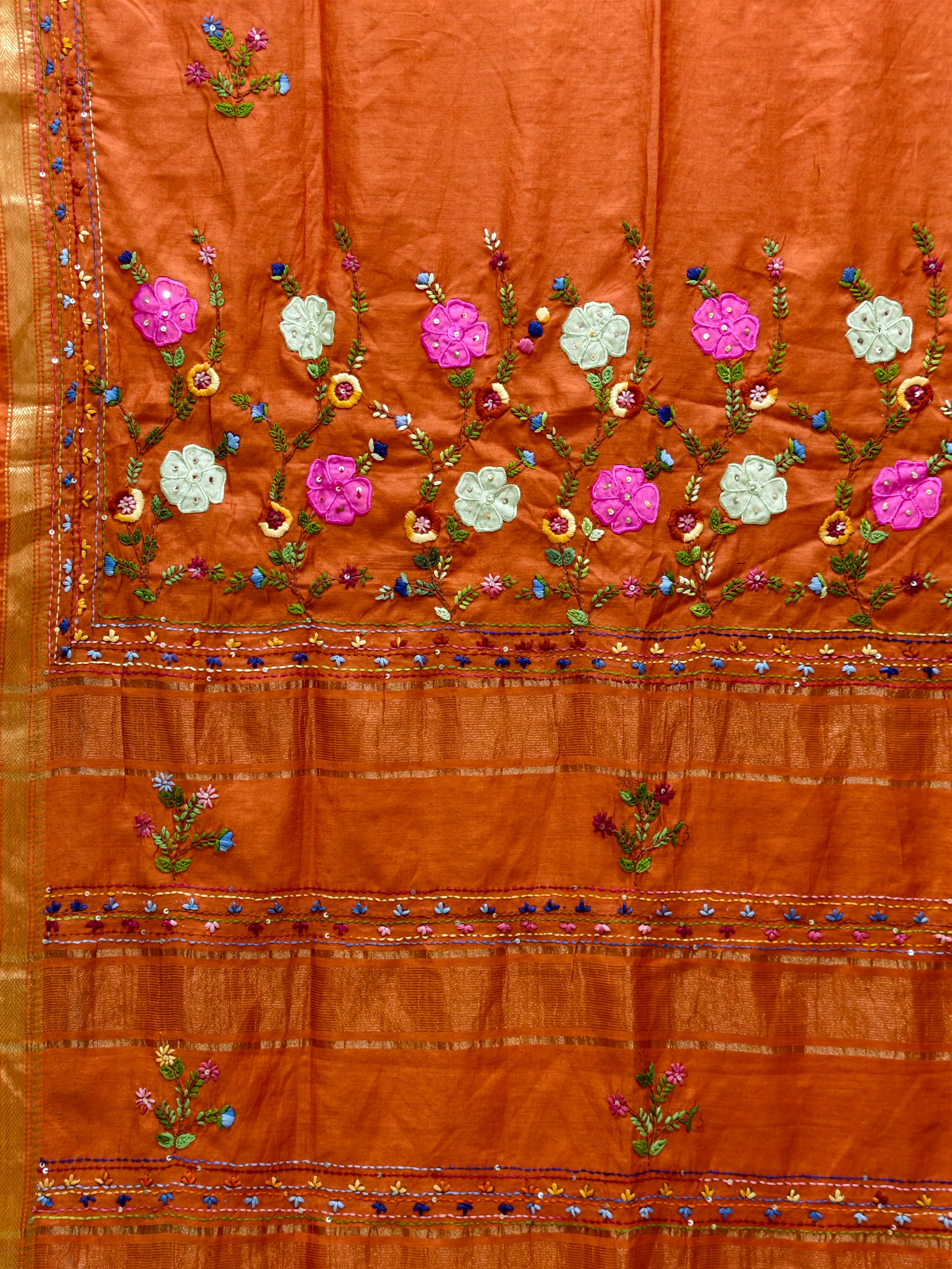 Chanderi silk saree with aplique bullion knot embroidery BN4