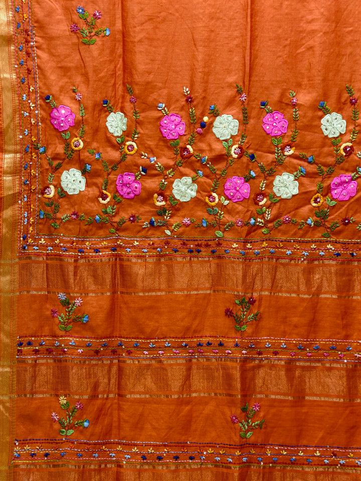Chanderi silk saree with aplique bullion knot embroidery BN4