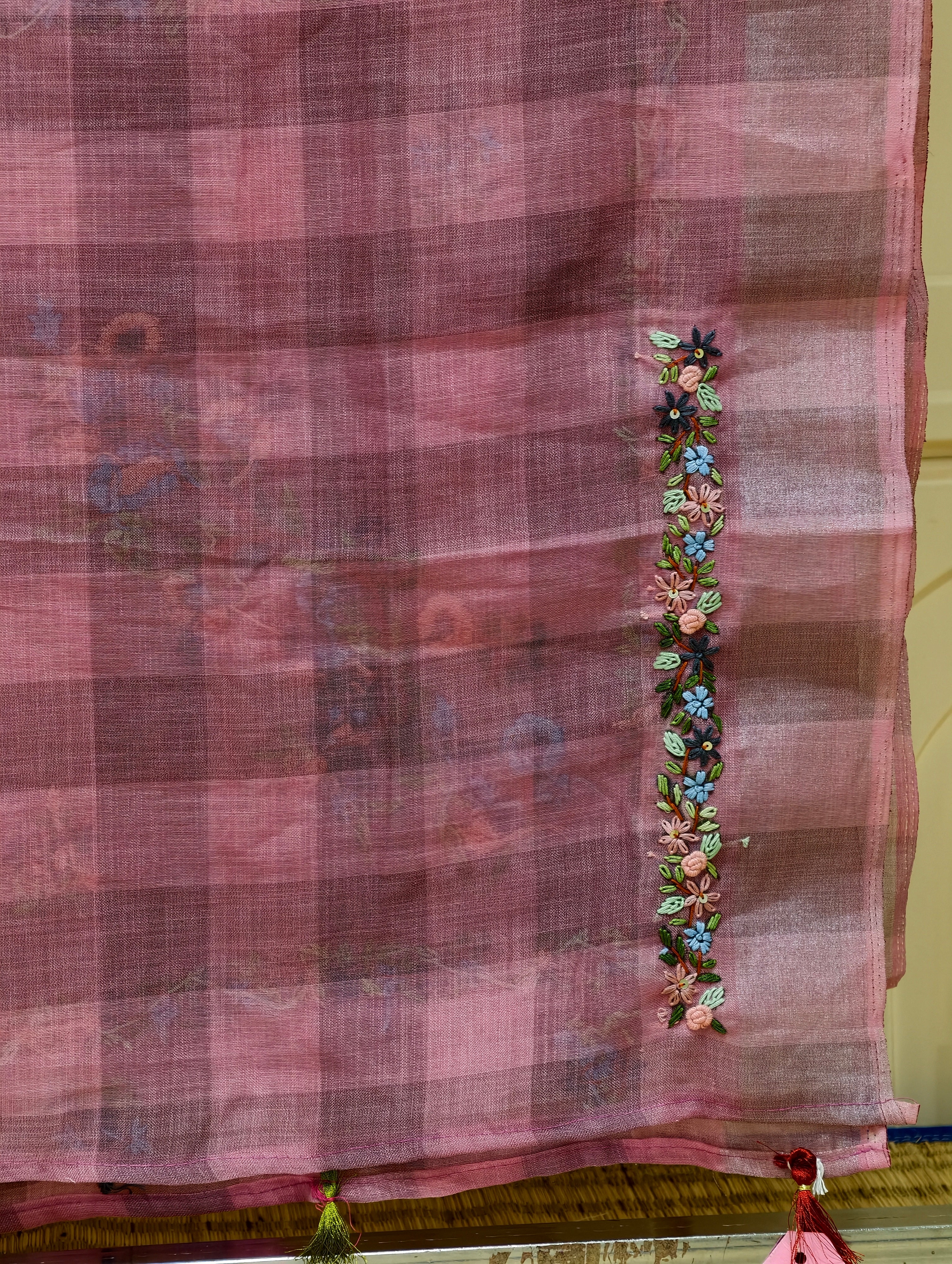 Linen check saree with bullion knot embroidery BN5