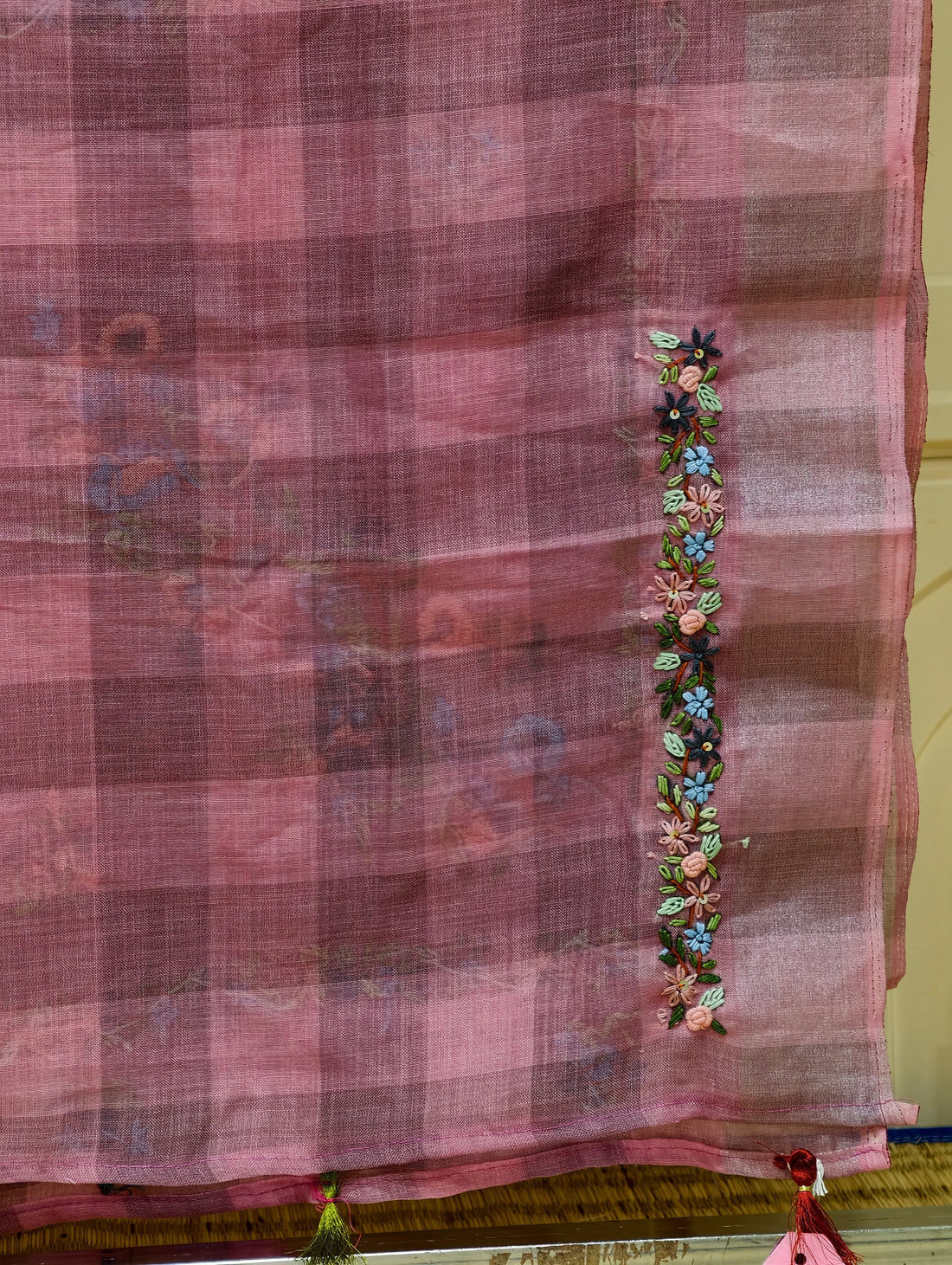 Linen check saree with bullion knot embroidery BN5